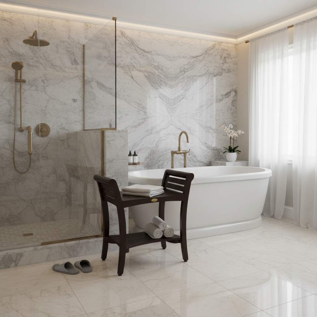 DecoTeak® Symmetry® 24" Teak Wood Shower Bench with Shelf and LiftAide Arms in Woodland Brown Finish