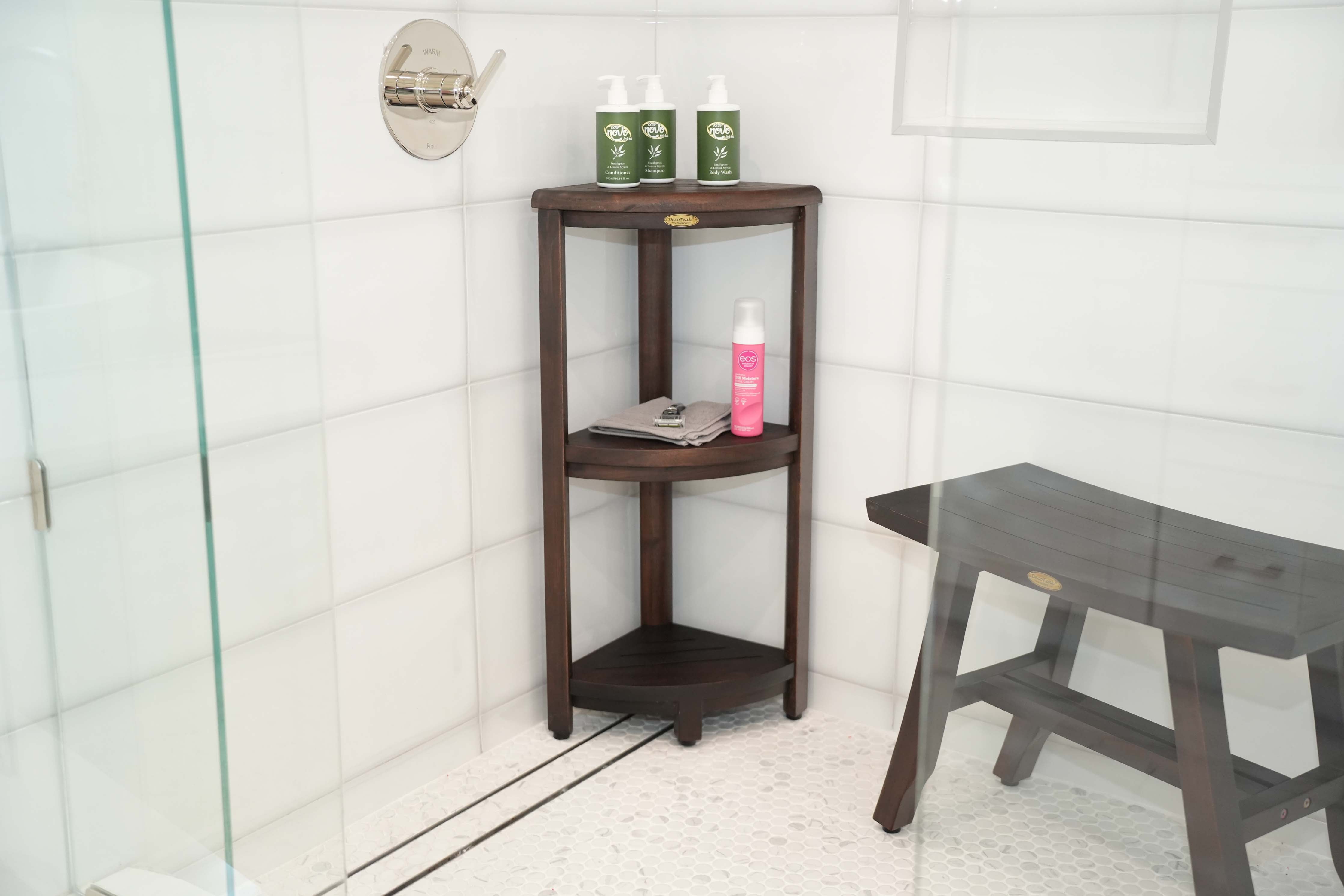 DecoTeak® SnazzyCorner® 33" Teak Wood 3-Tier Corner Shelf in Woodland Brown Finish