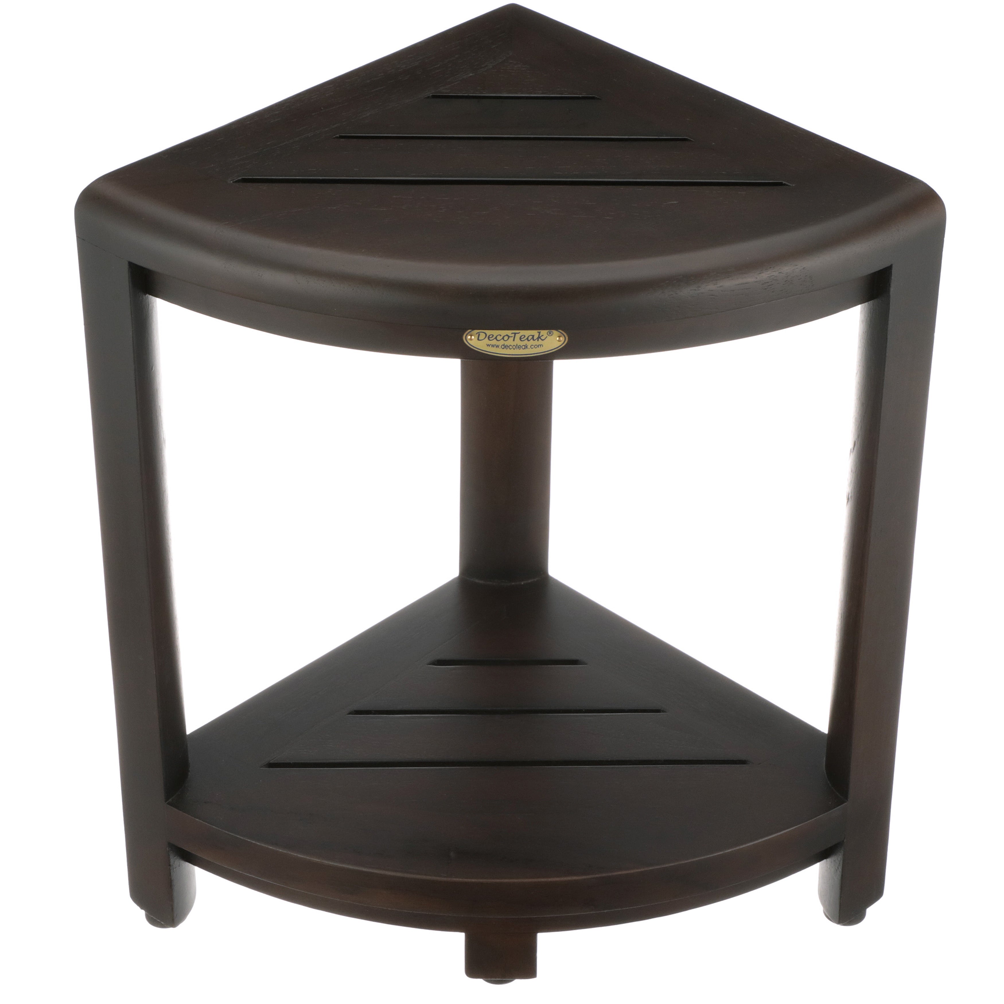 DecoTeak® SnazzyCorner® Fully Assembled 18"H Teak Wood Corner Shower Bench with Shelf in Woodland Brown Finish