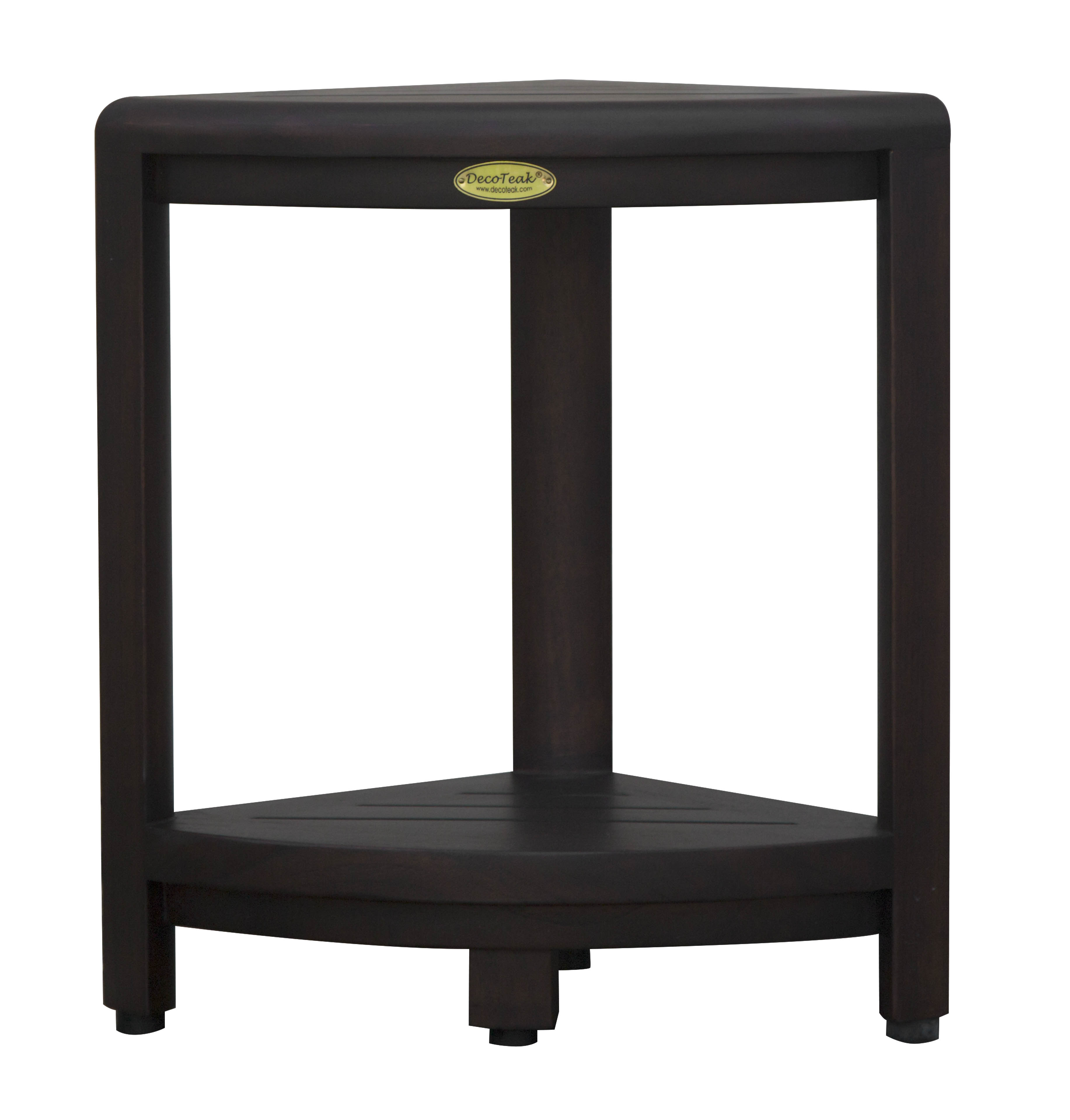 DecoTeak® SnazzyCorner® Fully Assembled 18"H Teak Wood Corner Shower Bench with Shelf in Woodland Brown Finish