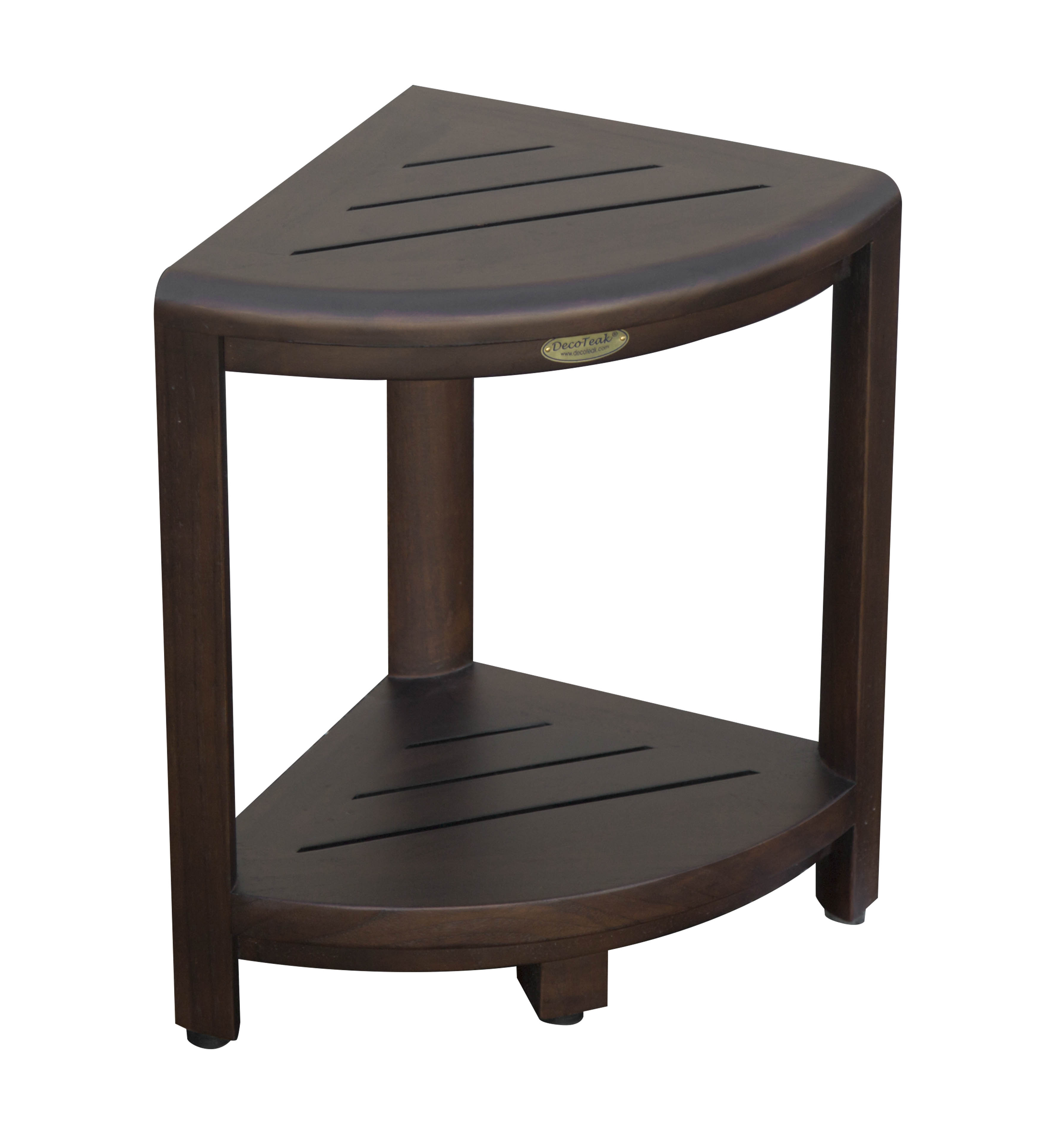 DecoTeak® SnazzyCorner® Fully Assembled 18"H Teak Wood Corner Shower Bench with Shelf in Woodland Brown Finish