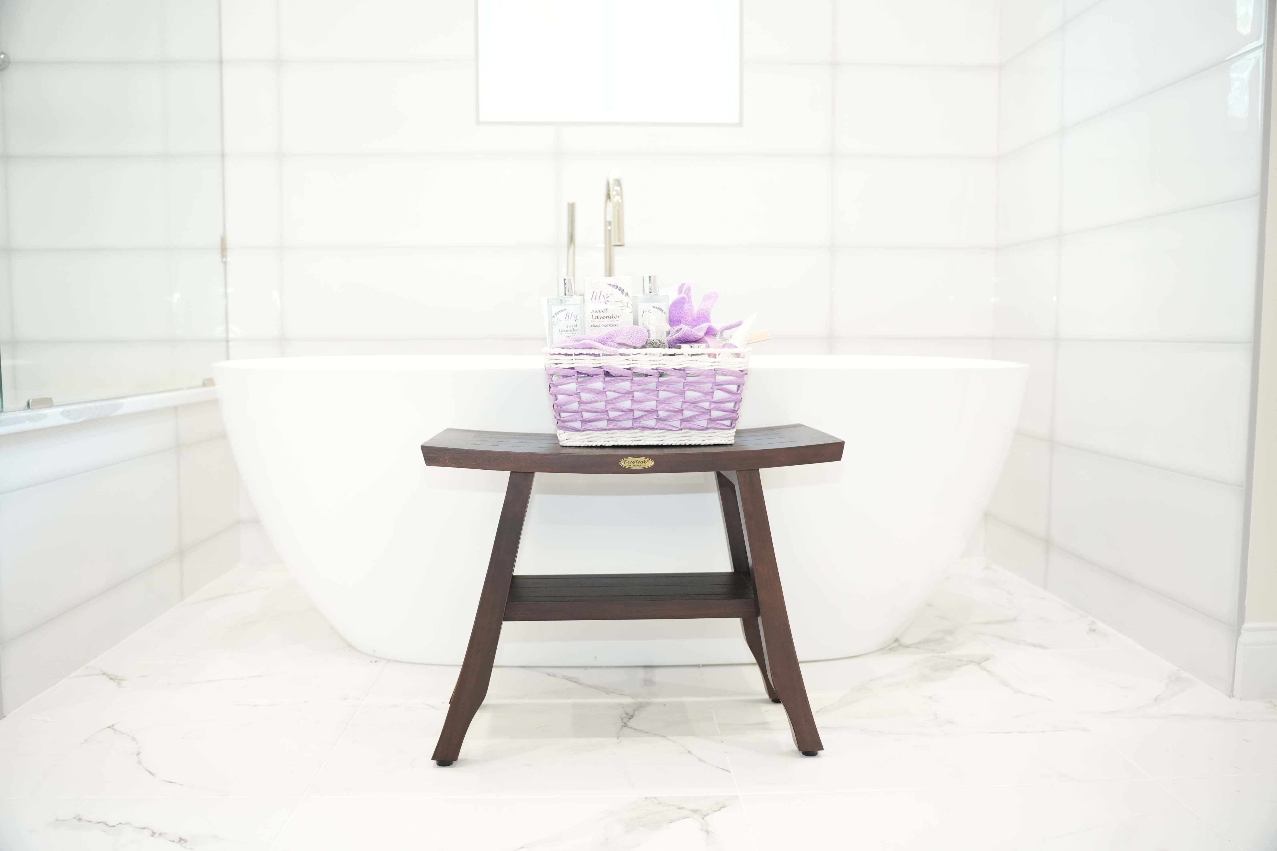 DecoTeak® Satori® 24" Teak Wood Shower Bench with Shelf in Woodland Brown Finish