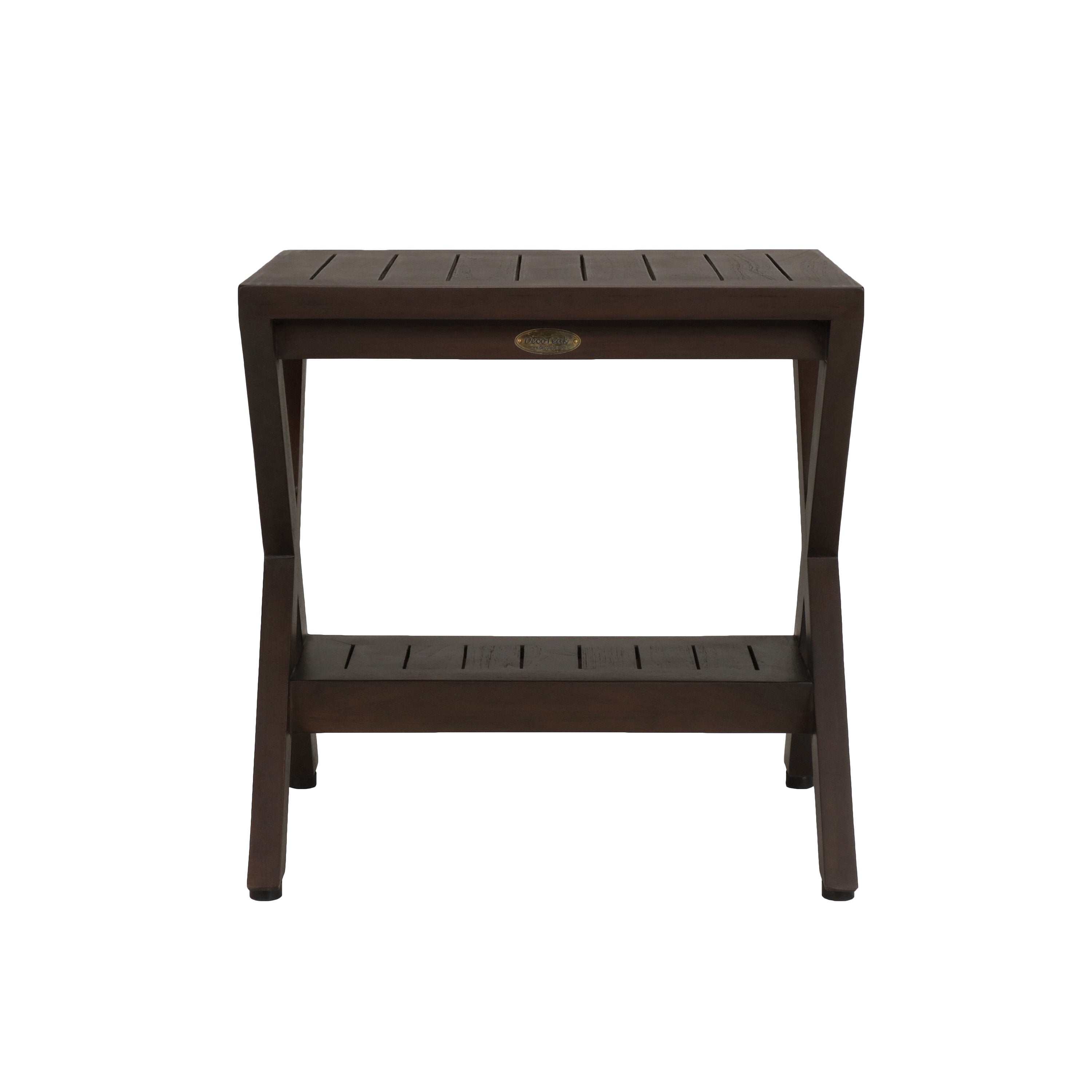 DecoTeak® Obliquity® 18" Teak Wood Shower Bench with Shelf in Woodland Brown Finish