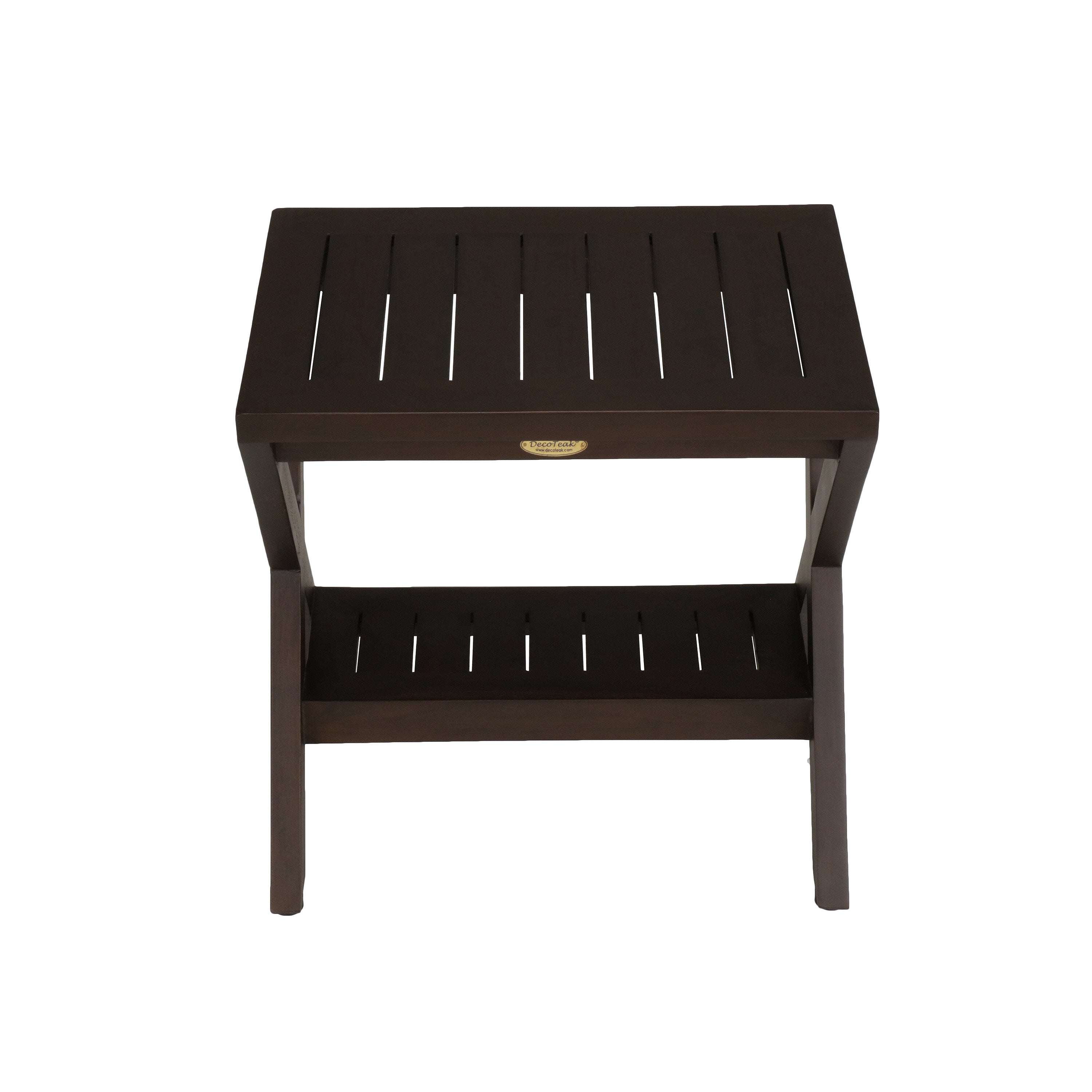 DecoTeak® Obliquity® 18" Teak Wood Shower Bench with Shelf in Woodland Brown Finish