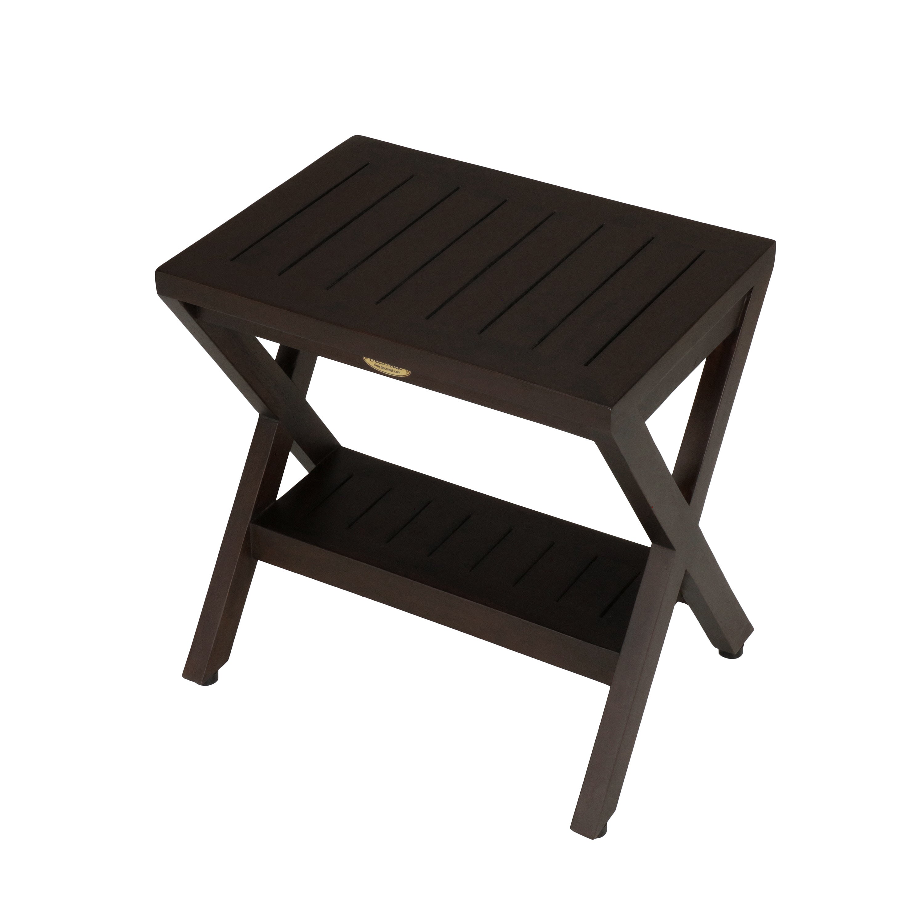 DecoTeak® Obliquity® 18" Teak Wood Shower Bench with Shelf in Woodland Brown Finish