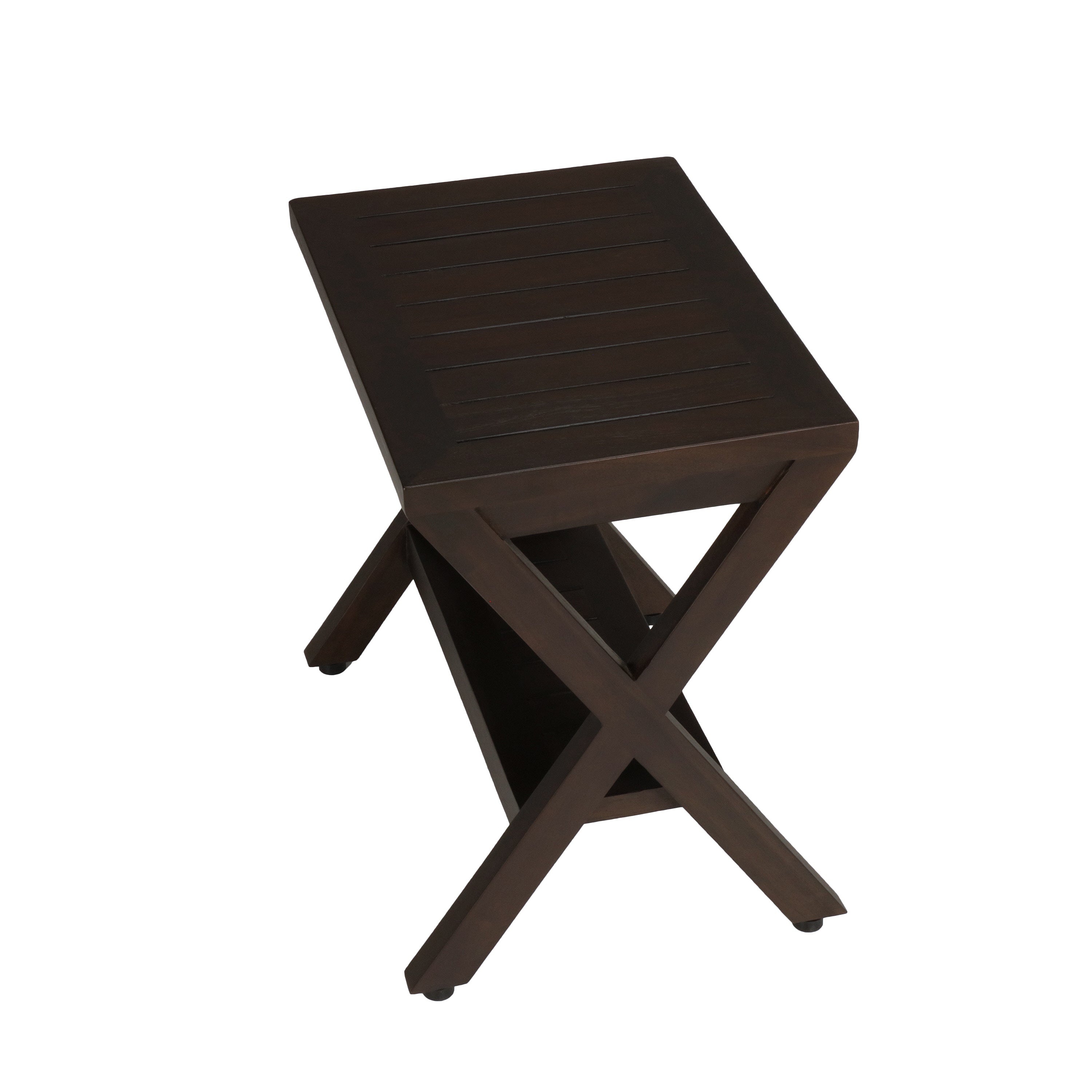 DecoTeak® Obliquity® 18" Teak Wood Shower Bench with Shelf in Woodland Brown Finish