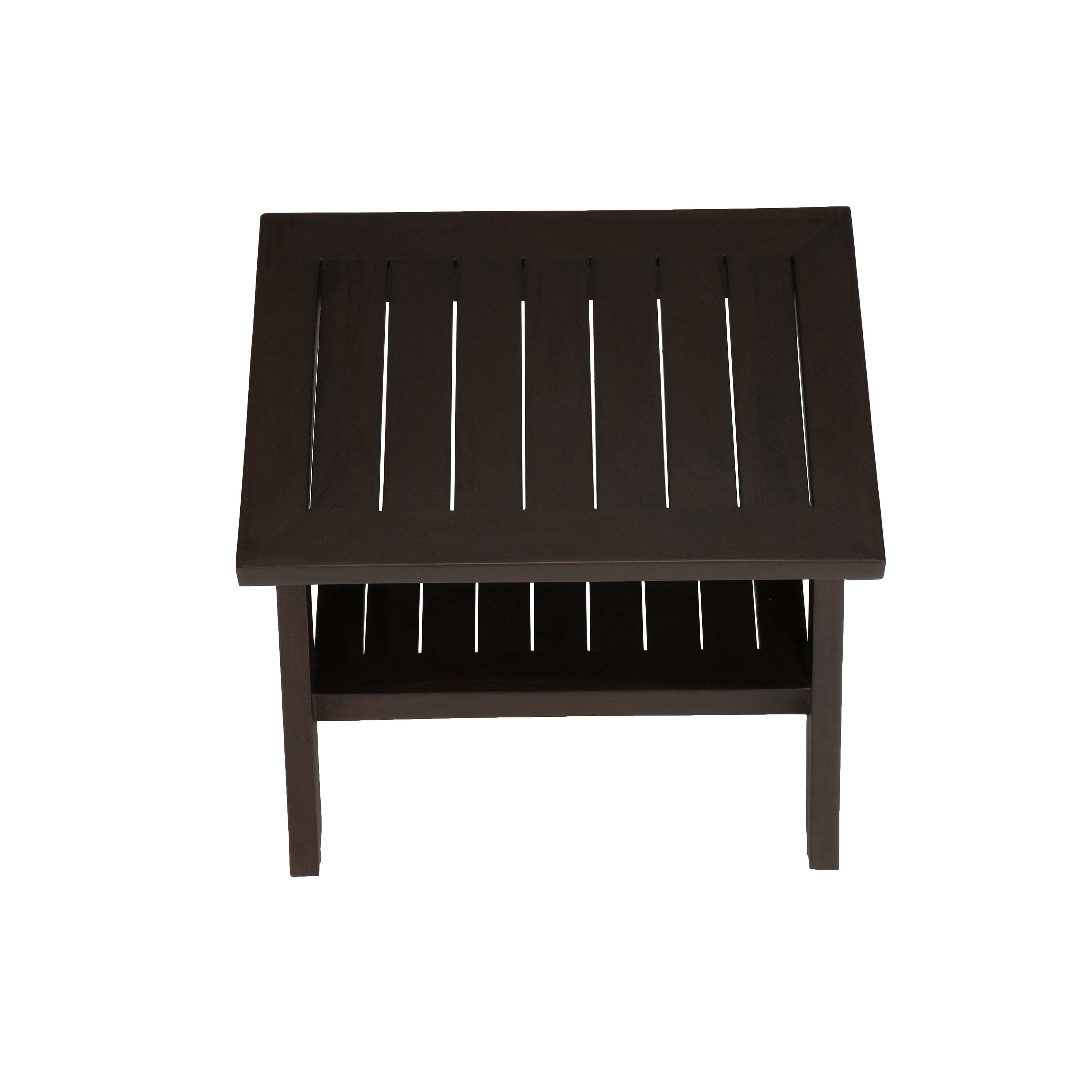 DecoTeak® Obliquity® 18" Teak Wood Shower Bench with Shelf in Woodland Brown Finish