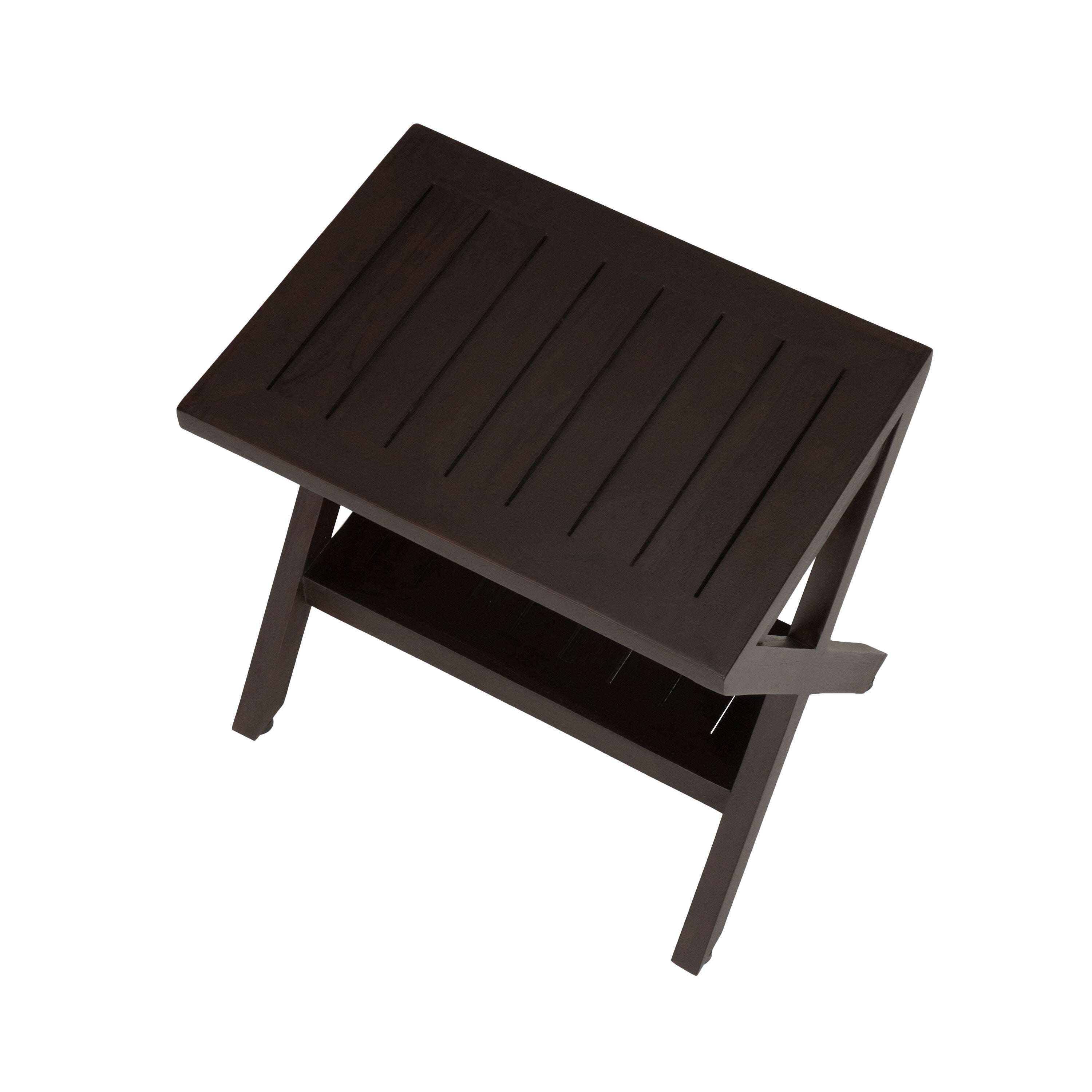 DecoTeak® Obliquity® 18" Teak Wood Shower Bench with Shelf in Woodland Brown Finish