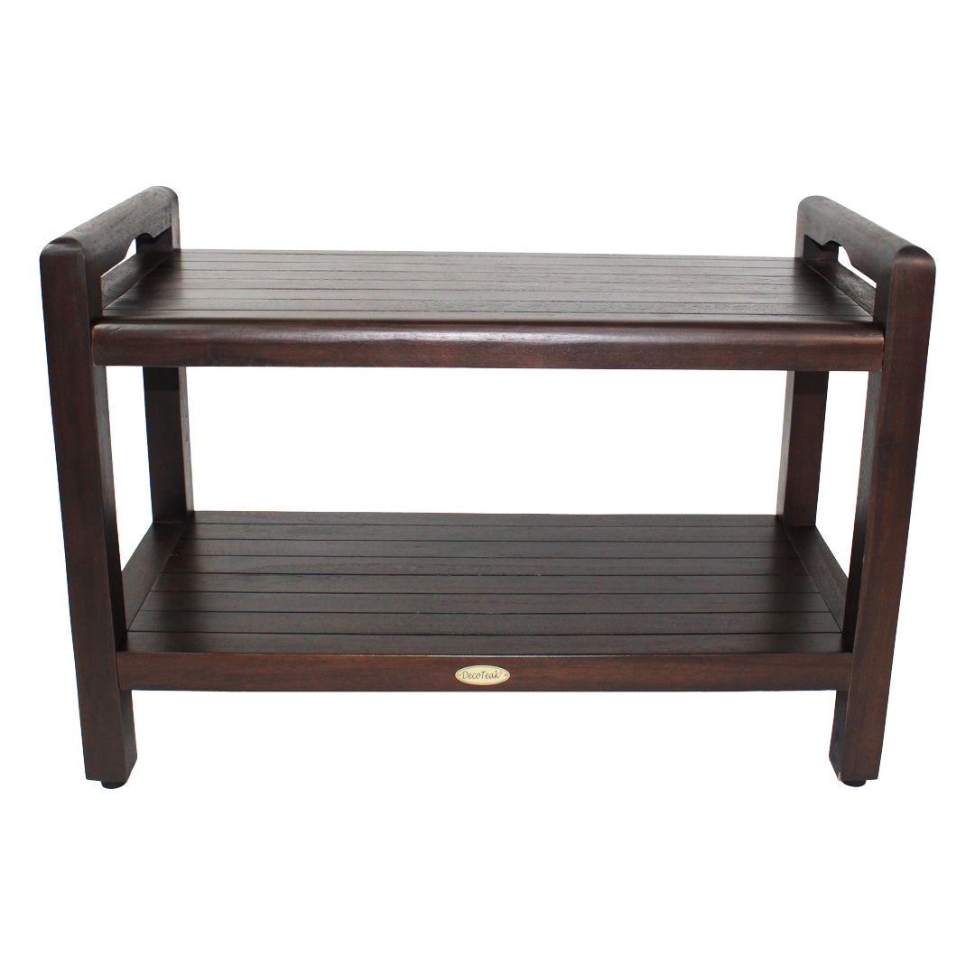 DecoTeak® Eleganto® 30" Teak Wood Shower Bench with LiftAide® Arms and Shelf in Woodland Brown Finish