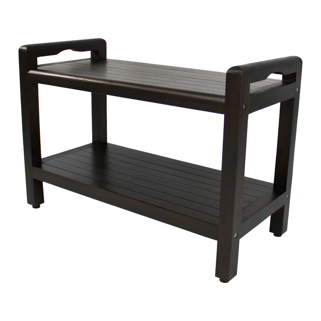 DecoTeak® Eleganto® 30" Teak Wood Shower Bench with LiftAide® Arms and Shelf in Woodland Brown Finish
