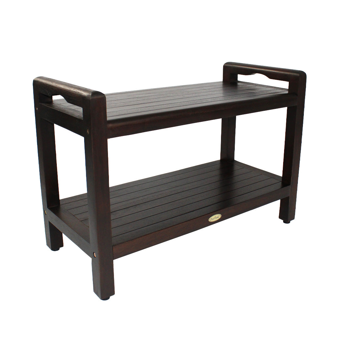 DecoTeak® Eleganto® 30" Teak Wood Shower Bench with LiftAide® Arms and Shelf in Woodland Brown Finish