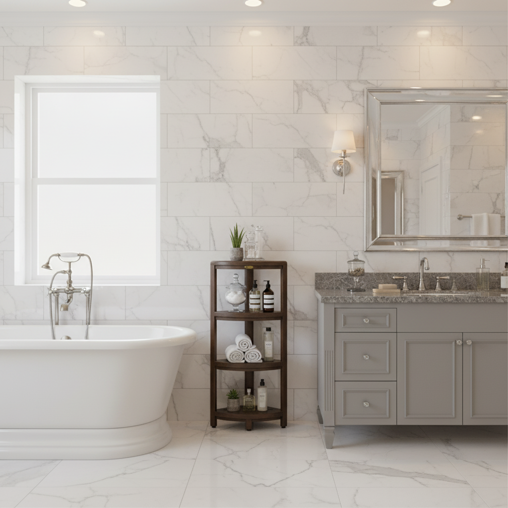 DecoTeak® SnazzyCorner® 38" Teak Wood 4-Tier Corner Shelf in Woodland Brown Finish