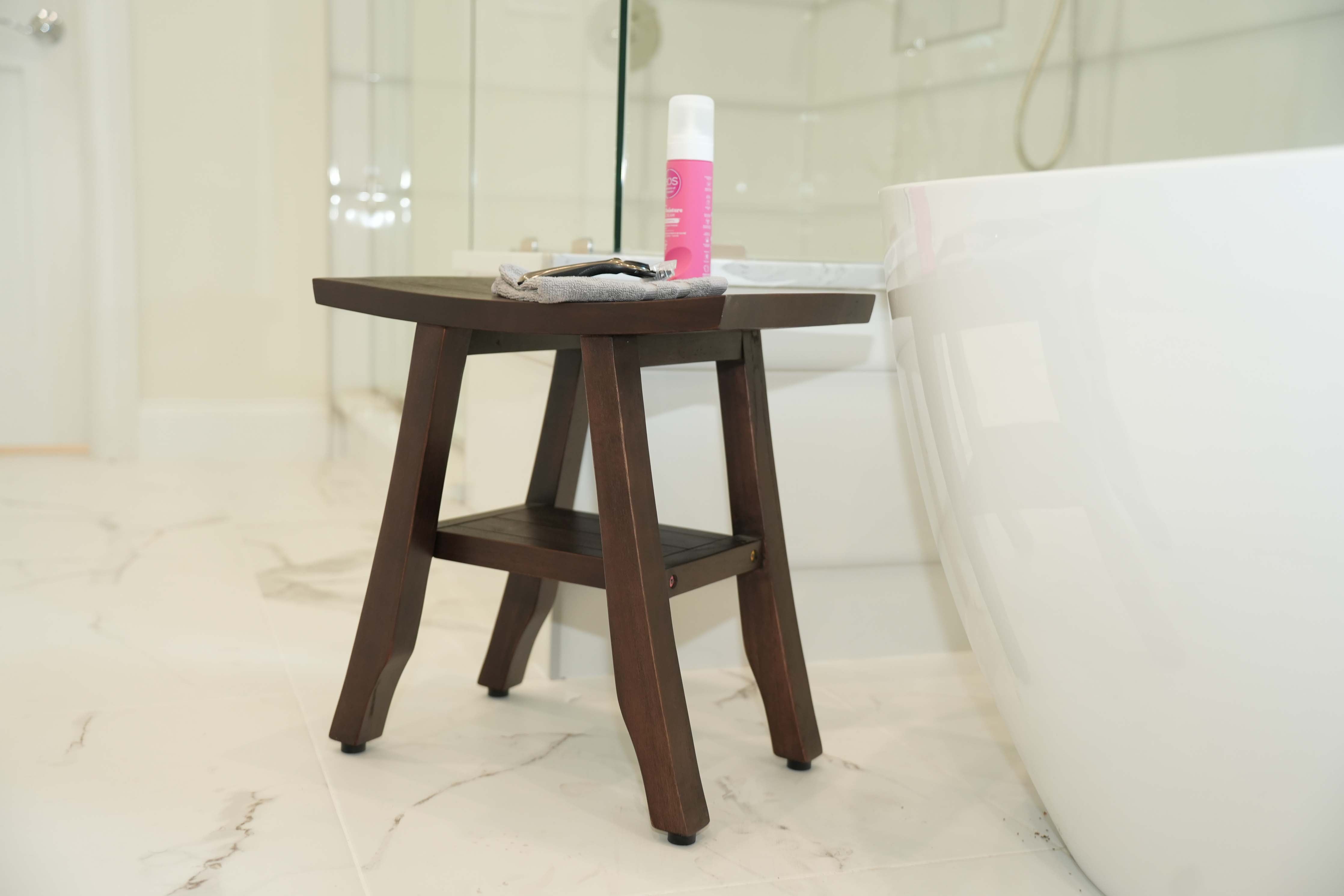 DecoTeak® Satori® 18" Teak Wood Shower Bench with Shelf in Woodland Brown Finish