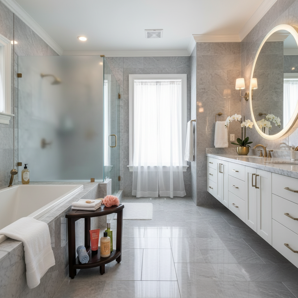 EcoDecors® SnazzyCorner® 18" Teak Shower with Shelf in Woodland Brown Finish