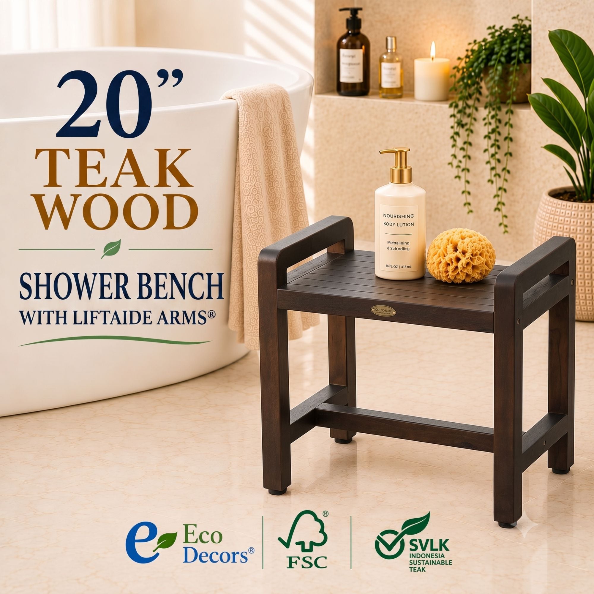DecoTeak® Eleganto® 20" Teak Wood Shower Bench with LiftAide® Arms in Woodland Brown Finish