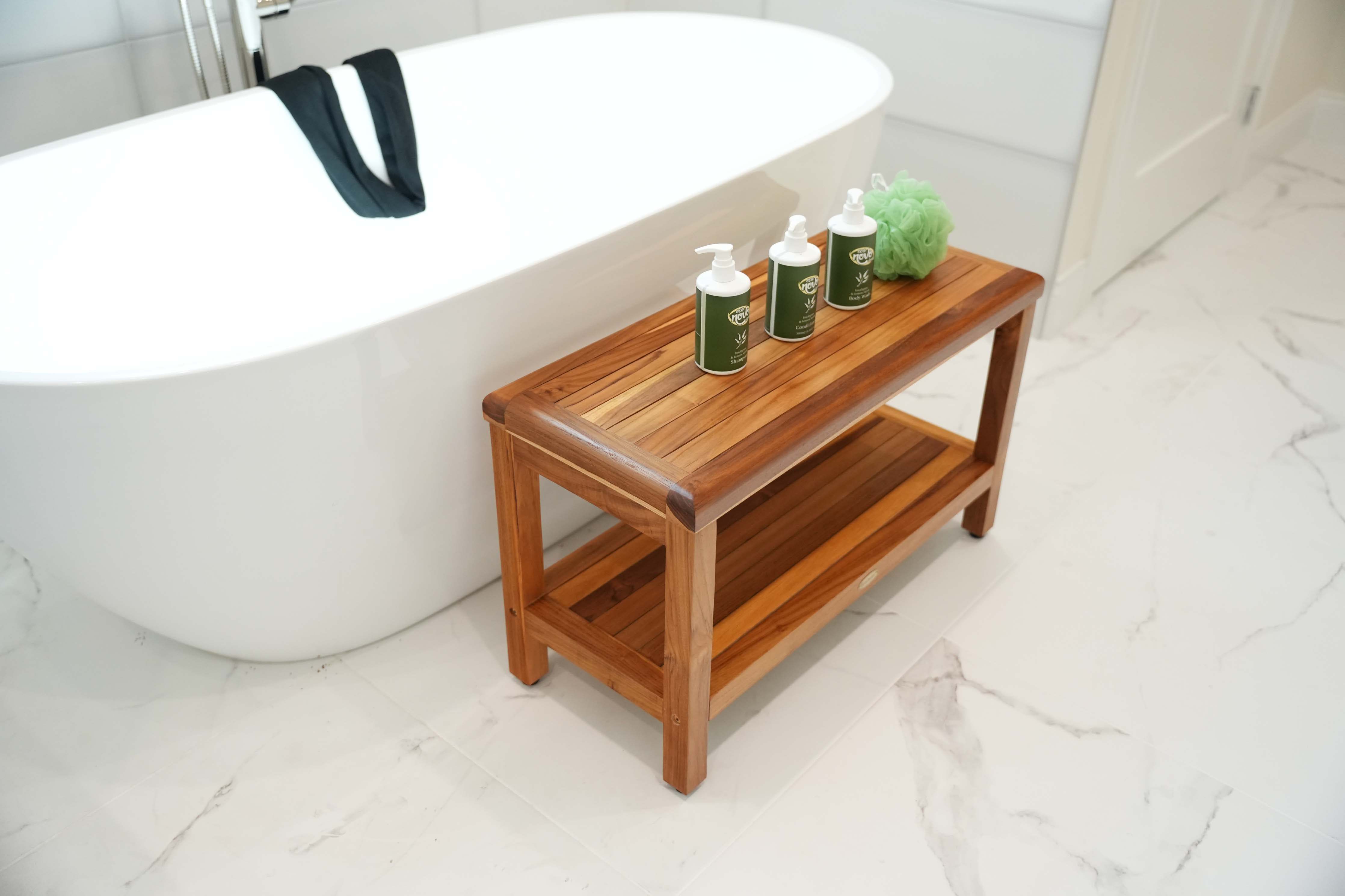 EcoDecors® Eleganto® 30" Teak Wood Shower Bench with Shelf in EarthyTeak Finish
