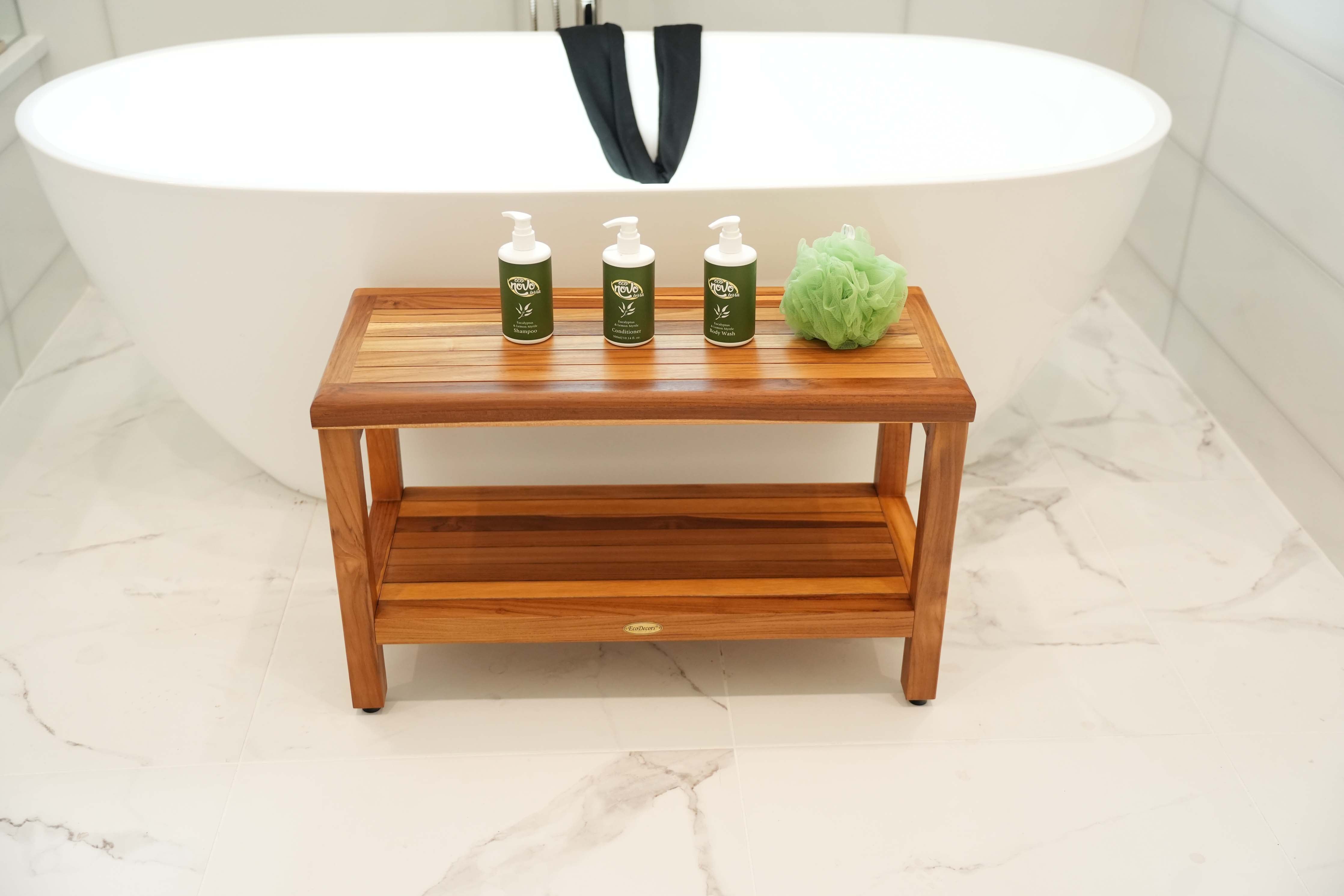 EcoDecors® Eleganto® 30" Teak Wood Shower Bench with Shelf in EarthyTeak Finish
