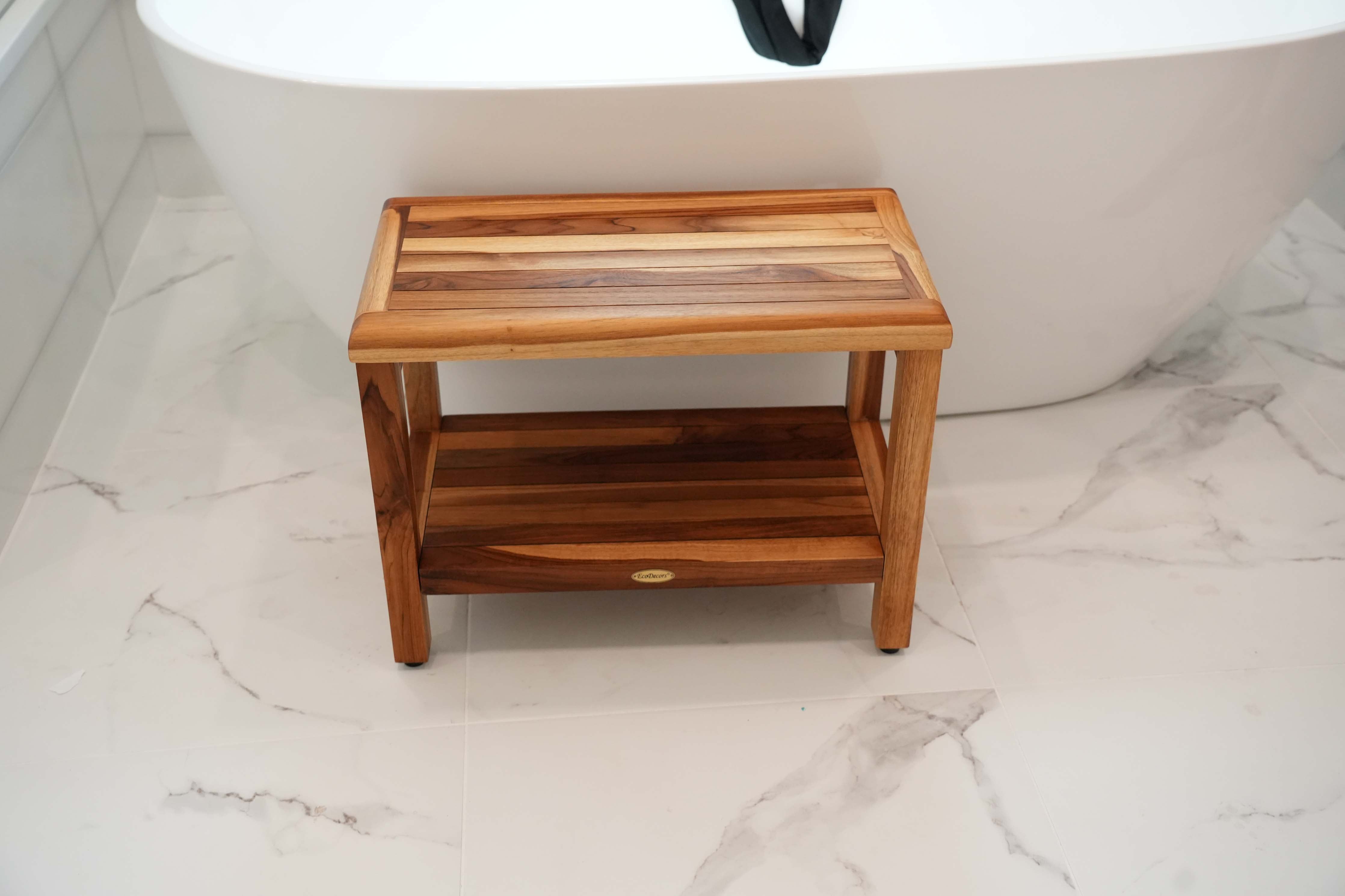 EcoDecors® Eleganto® 24" Teak Wood Shower Bench with Shelf in EarthyTeak Finish
