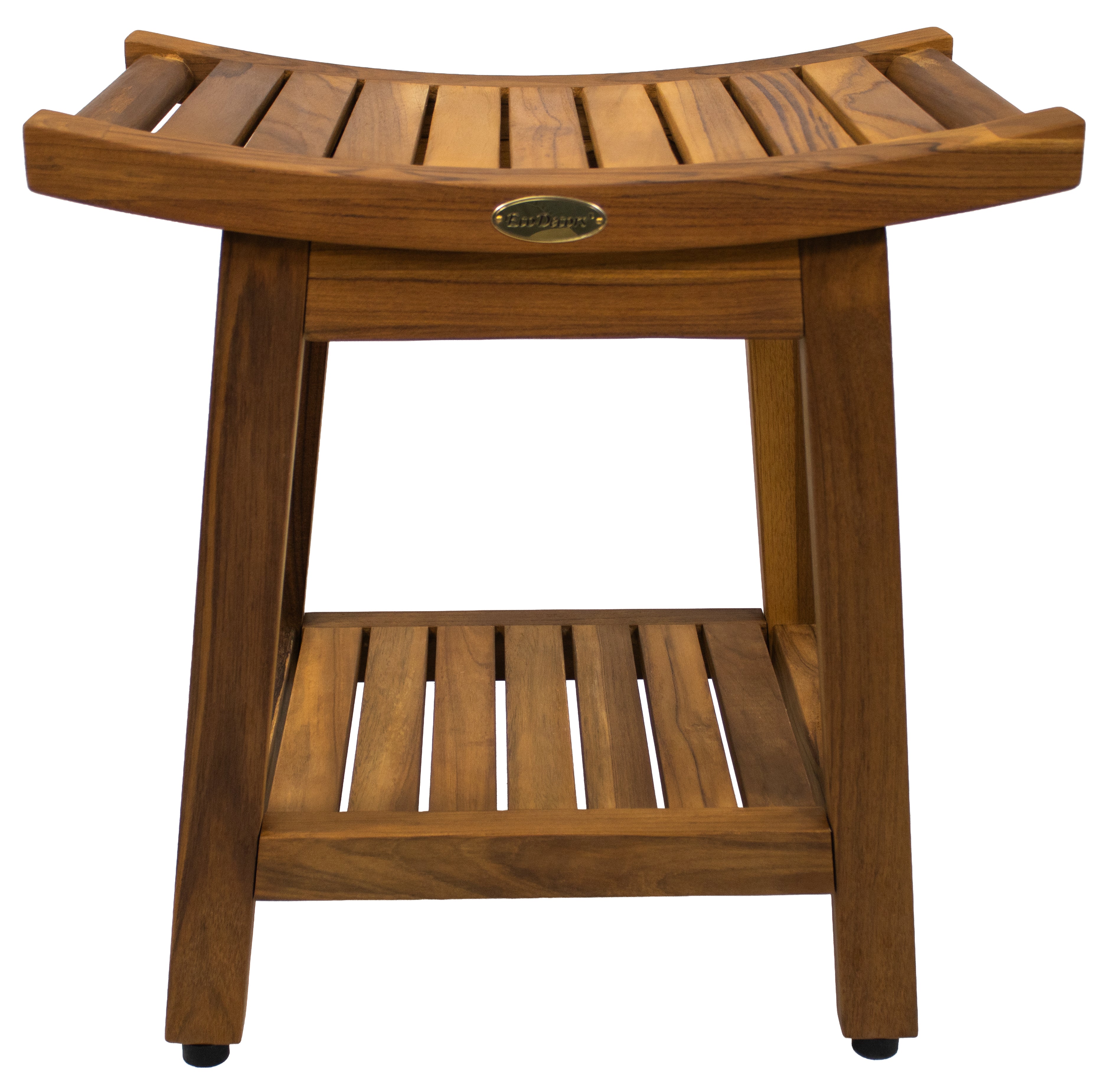 EcoDecors Harmony Gold 18" Teak Wood Shower Bench with Shelf in Earthy Teak Finish