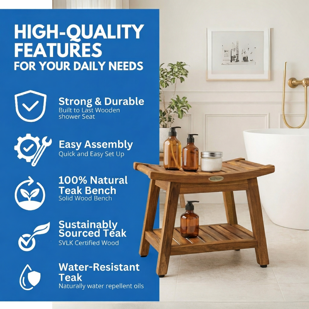 EcoDecors Harmony Gold 18" Teak Wood Shower Bench with Shelf in Earthy Teak Finish