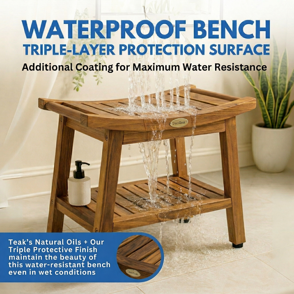EcoDecors Harmony Gold 18" Teak Wood Shower Bench with Shelf in Earthy Teak Finish