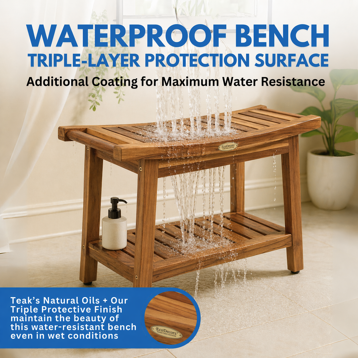 EcoDecors Harmony Gold 24" Solid Teak Shower Bench