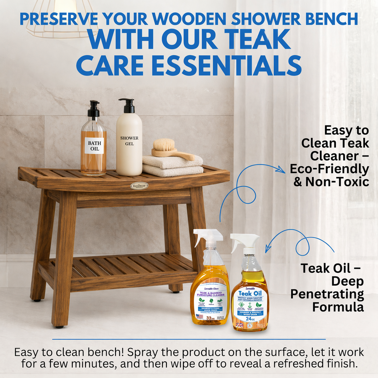 EcoDecors Harmony Gold 24" Solid Teak Shower Bench