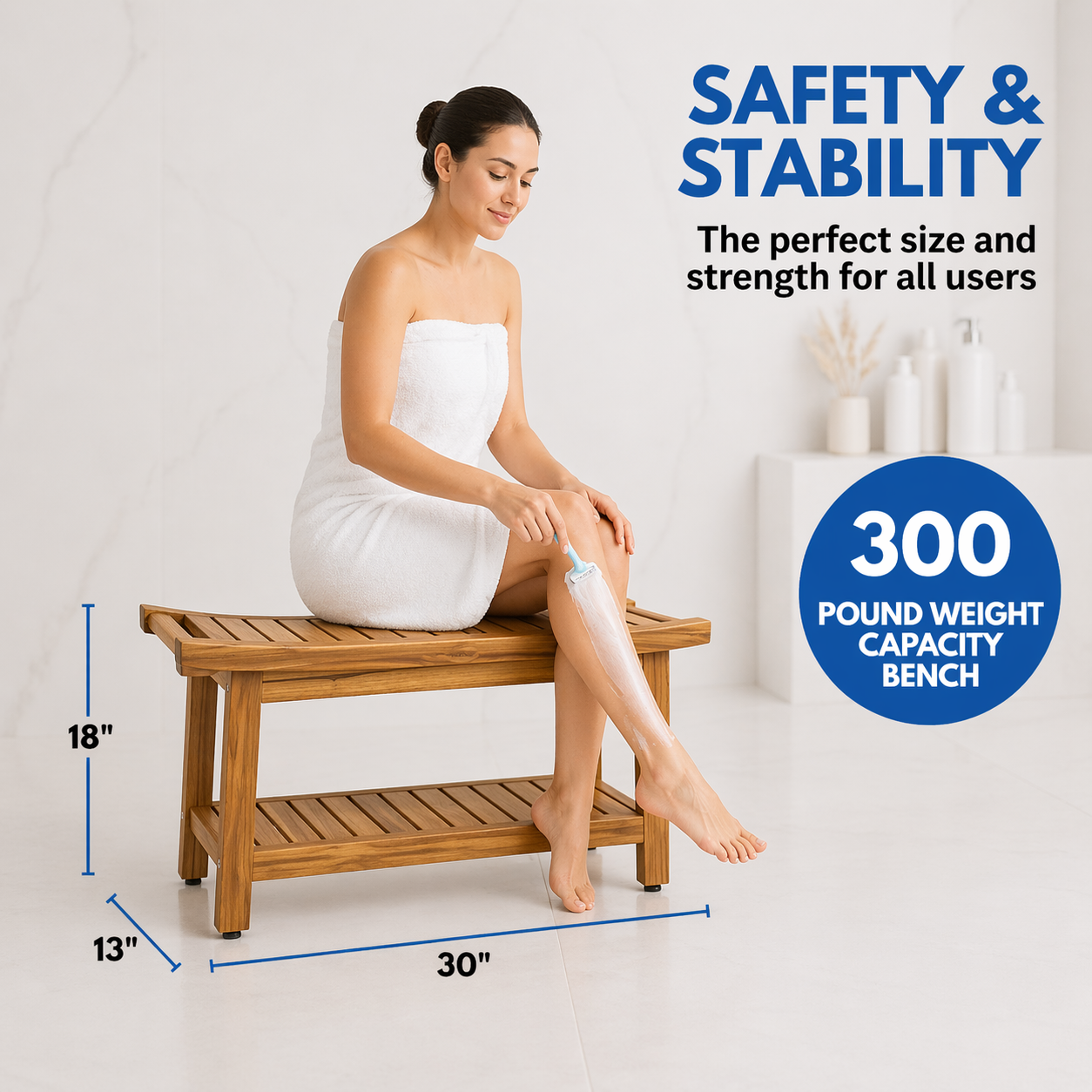 EcoDecors Harmony Gold 30" Solid Teak Shower Bench with Shelf