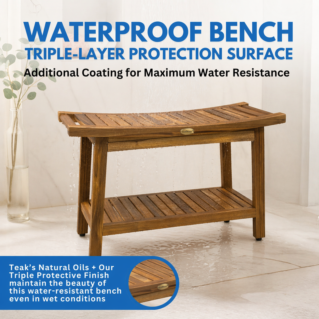 EcoDecors Harmony Gold 30" Solid Teak Shower Bench with Shelf