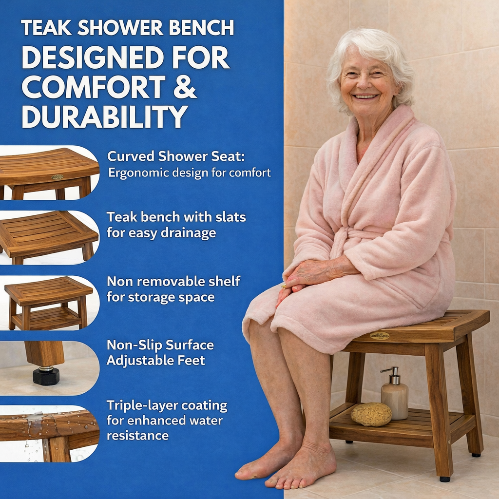 EcoDecors Eleganto Gold 18" Teak Wood Shower Bench with Shelf in Earthy Teak Finish