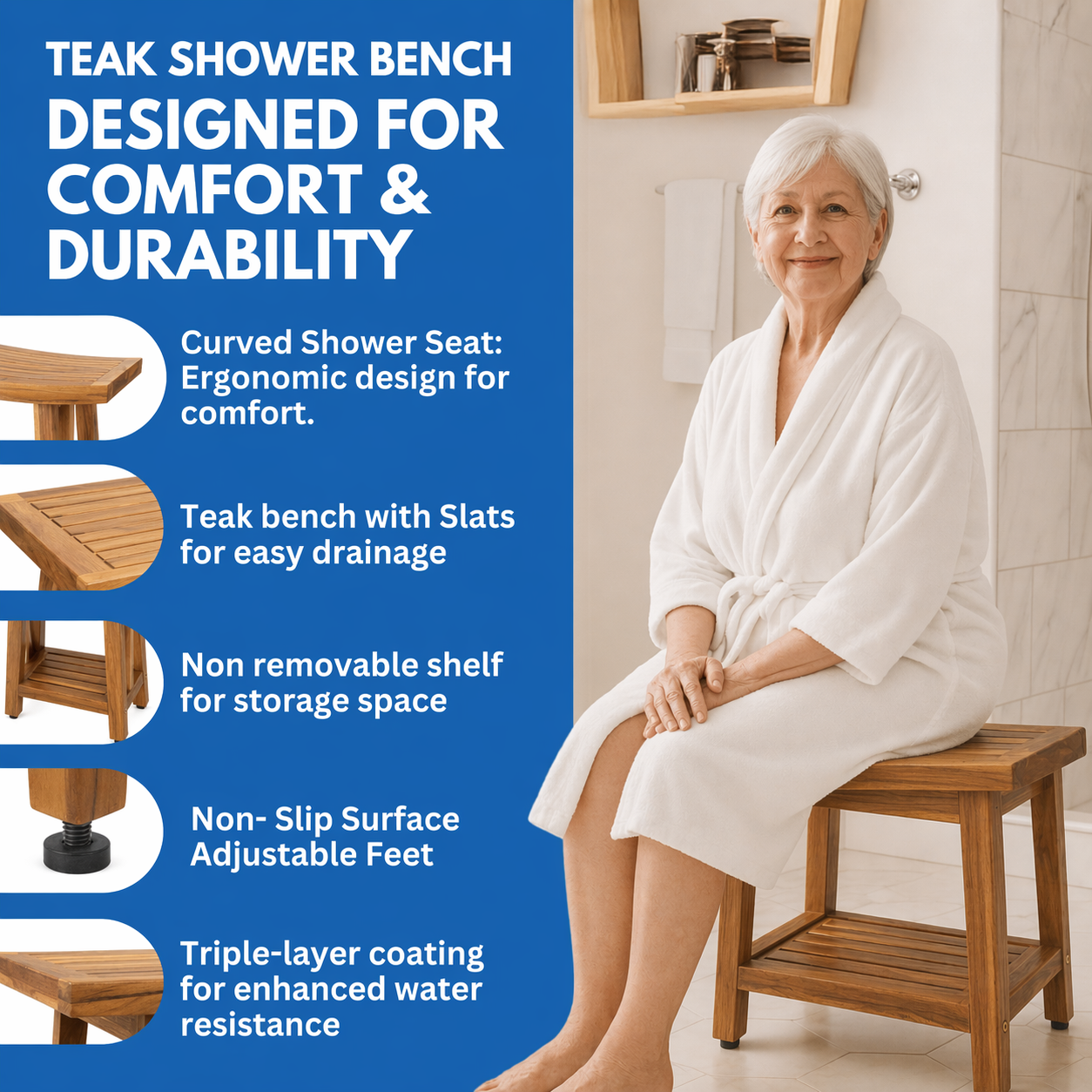 EcoDecors Eleganto Gold 24" Solid Teak Shower Bench
