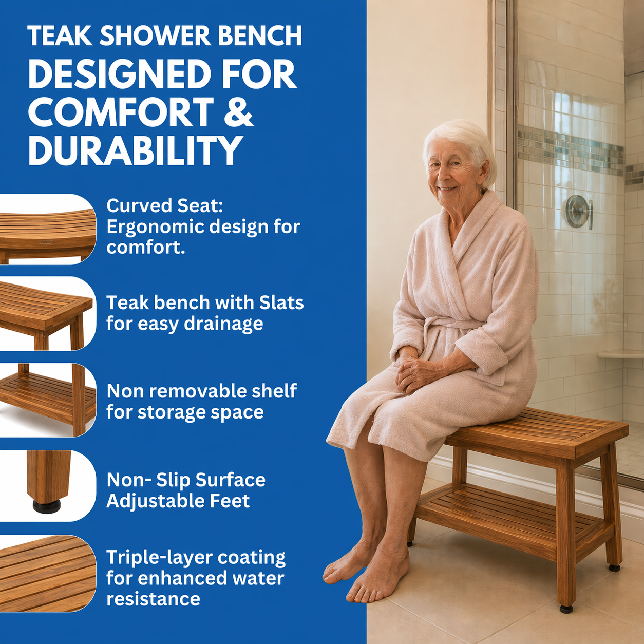 EcoDecors Eleganto Gold 30" Solid Teak Shower Bench with Shelf