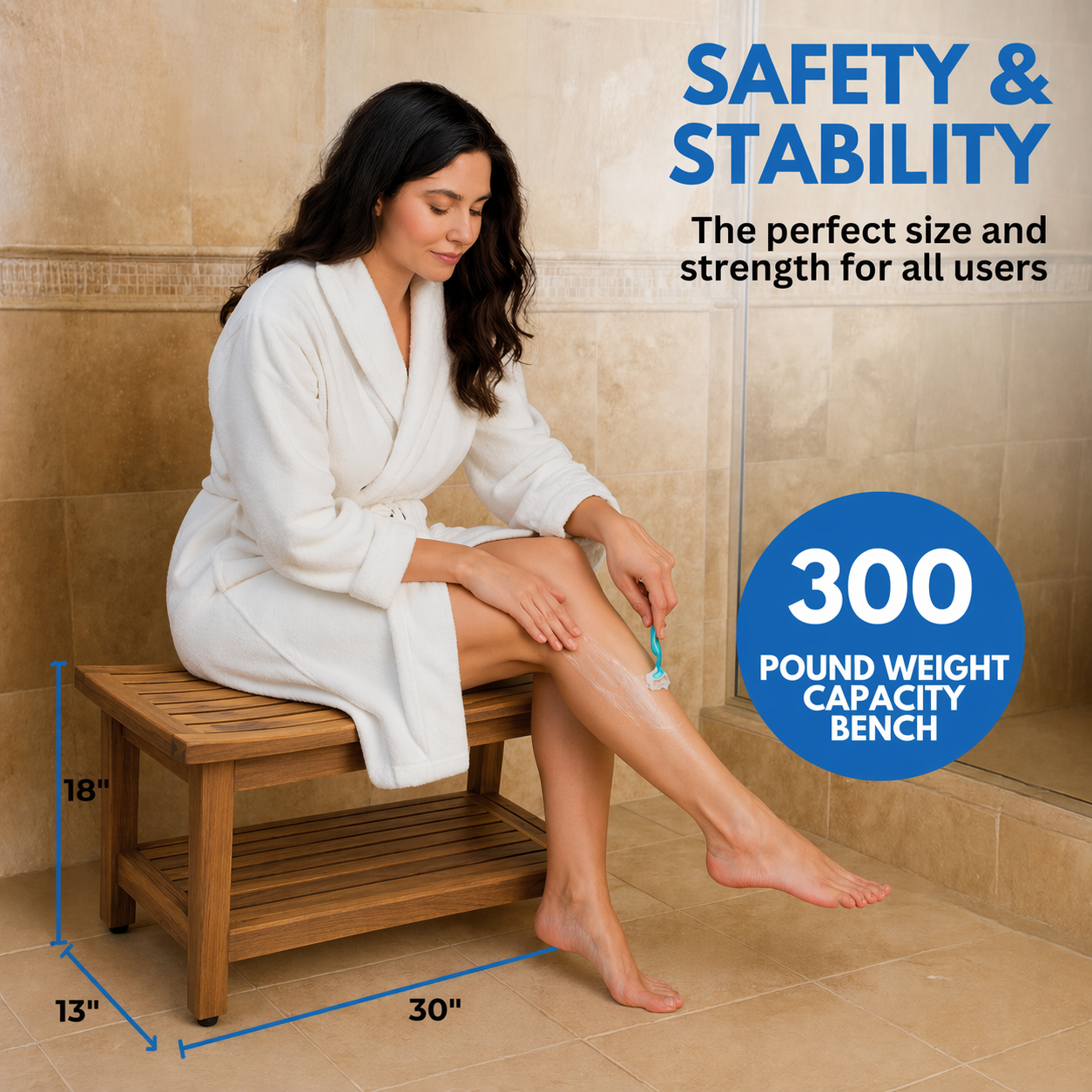 EcoDecors Eleganto Gold 30" Solid Teak Shower Bench with Shelf