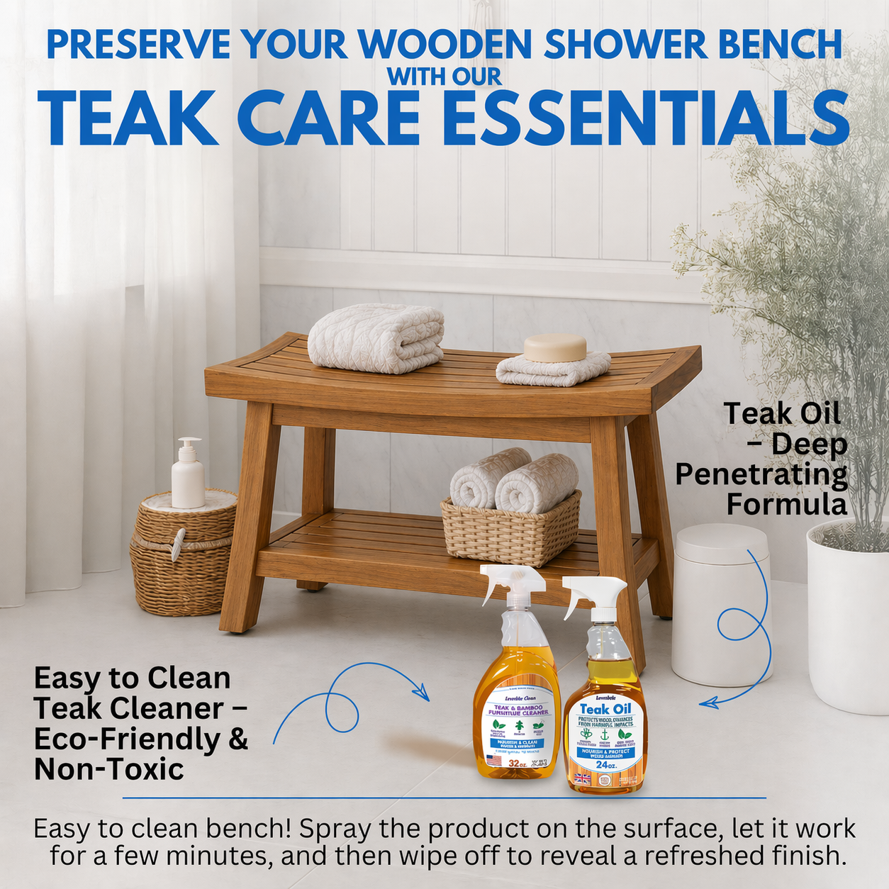 EcoDecors Eleganto Gold 30" Solid Teak Shower Bench with Shelf