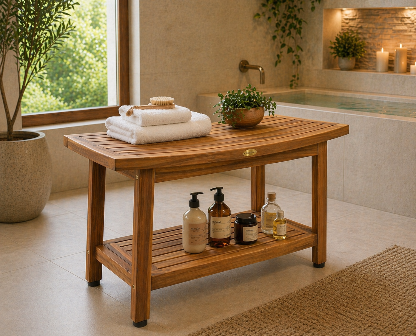 EcoDecors Eleganto Gold 30" Solid Teak Shower Bench with Shelf