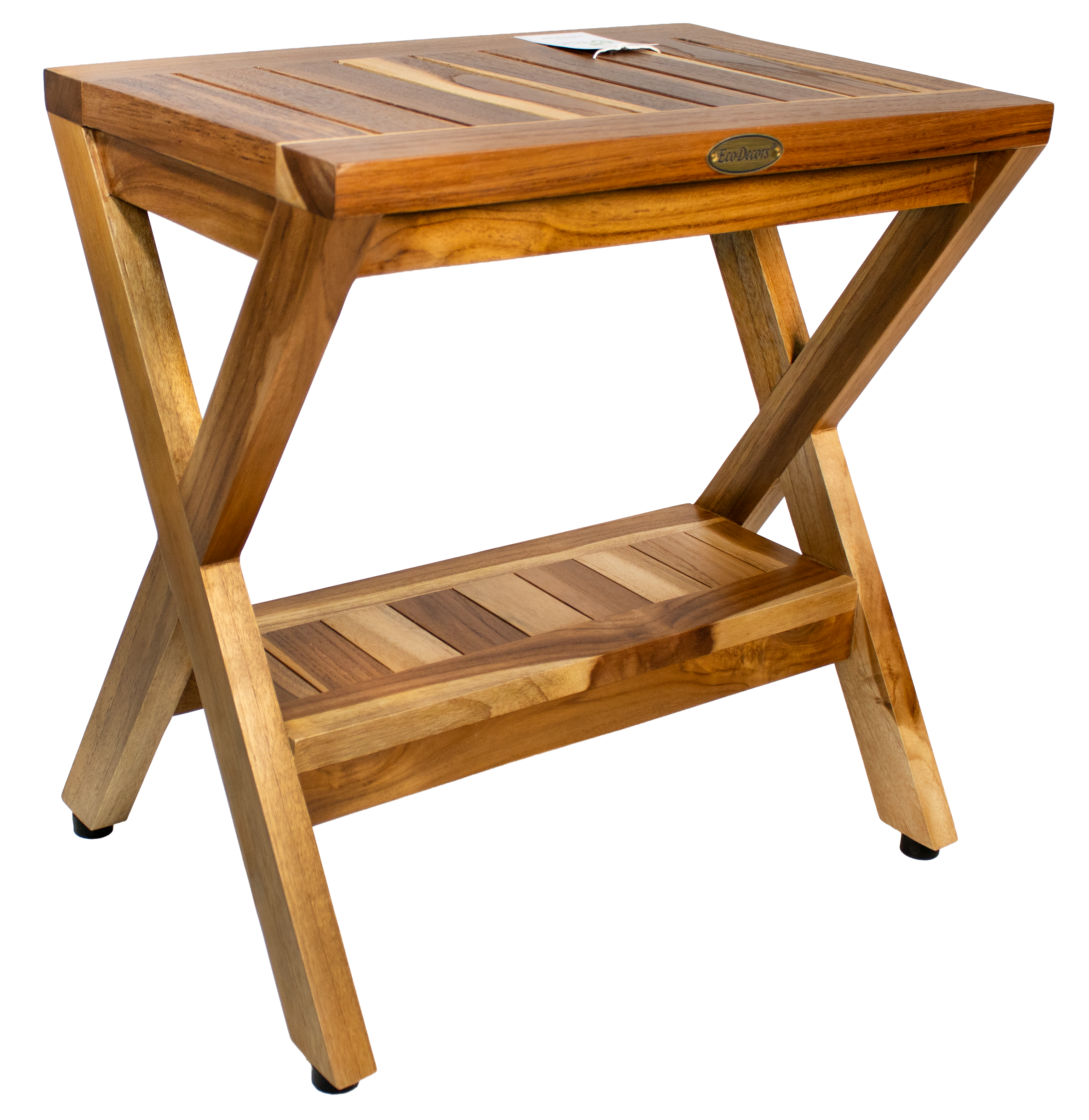 EcoDecors 18" Obliquity-X Teak Shower Stool with Shelf – Fully Assembled Waterproof Teak Shower Bench, Criss Cross Spa Stool, Compact Bathroom Seat, Indoor Outdoor Teak Storage Bench (Copy)