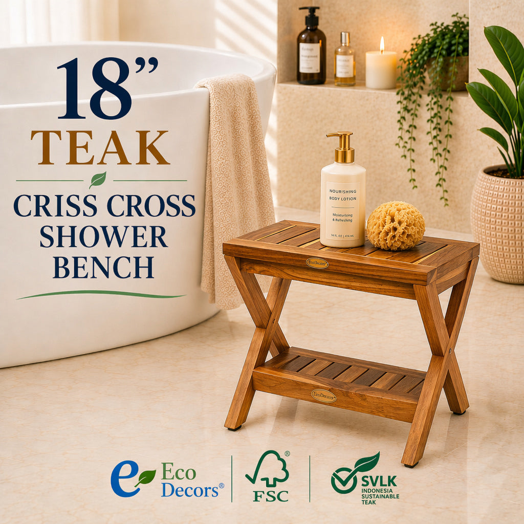 EcoDecors 18" Obliquity-X Teak Shower Stool with Shelf – Fully Assembled Waterproof Teak Shower Bench, Criss Cross Spa Stool, Compact Bathroom Seat, Indoor Outdoor Teak Storage Bench (Copy)
