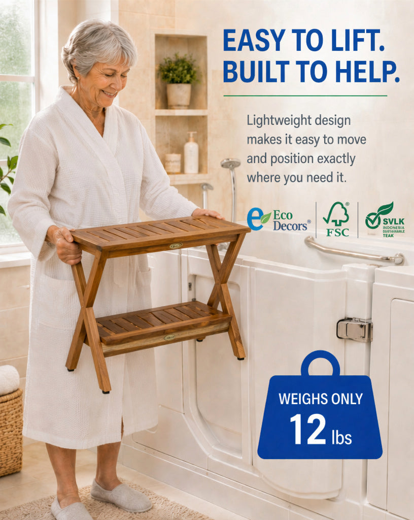 EcoDecors 18" Obliquity-X Teak Shower Stool with Shelf – Fully Assembled Waterproof Teak Shower Bench, Criss Cross Spa Stool, Compact Bathroom Seat, Indoor Outdoor Teak Storage Bench (Copy)