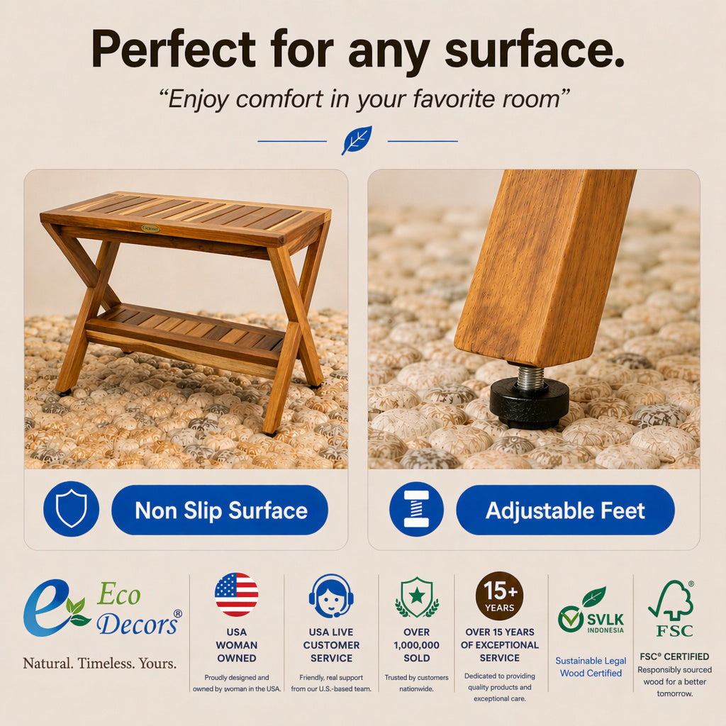 EcoDecors 18" Obliquity-X Teak Shower Stool with Shelf – Fully Assembled Waterproof Teak Shower Bench, Criss Cross Spa Stool, Compact Bathroom Seat, Indoor Outdoor Teak Storage Bench (Copy)
