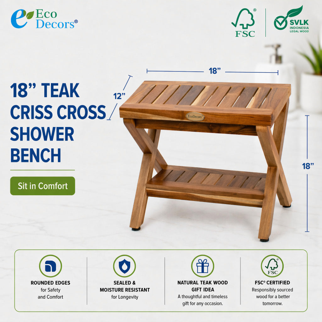EcoDecors 18" Obliquity-X Teak Shower Stool with Shelf – Fully Assembled Waterproof Teak Shower Bench, Criss Cross Spa Stool, Compact Bathroom Seat, Indoor Outdoor Teak Storage Bench (Copy)