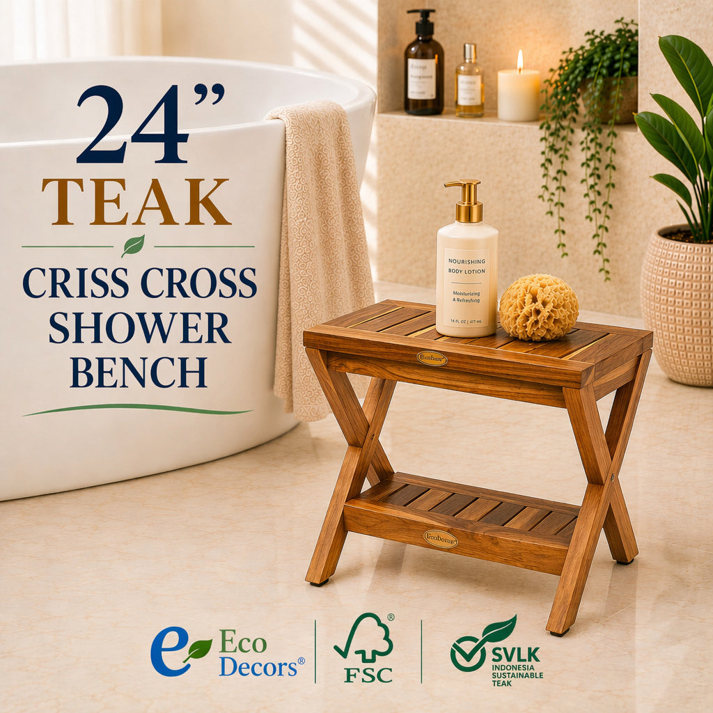EcoDecors 24" Obliquity-X Teak Shower Bench with Shelf – Waterproof Teak Shower Stool, Criss Cross Spa Bench, Bathroom Seat with Storage Shelf, Indoor Outdoor Teak Bench