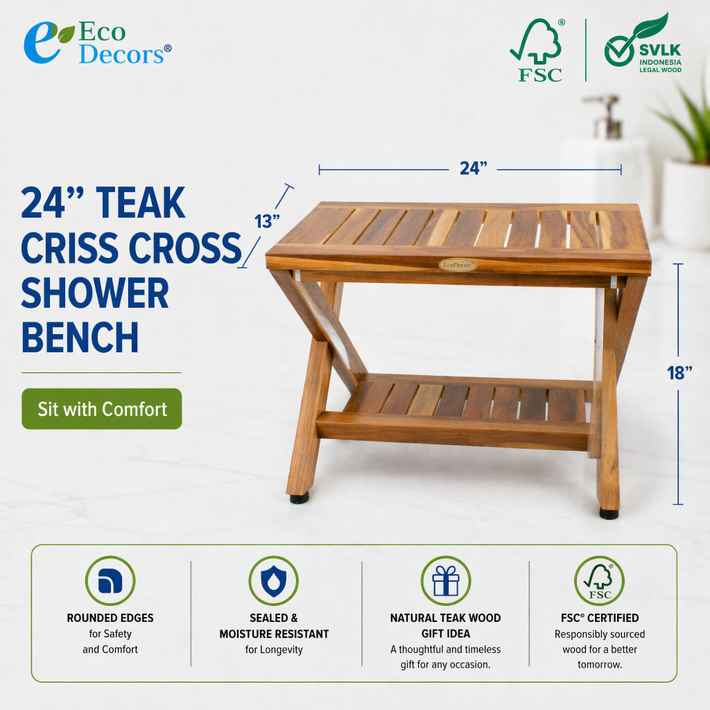 EcoDecors 24" Obliquity-X Teak Shower Bench with Shelf – Waterproof Teak Shower Stool, Criss Cross Spa Bench, Bathroom Seat with Storage Shelf, Indoor Outdoor Teak Bench