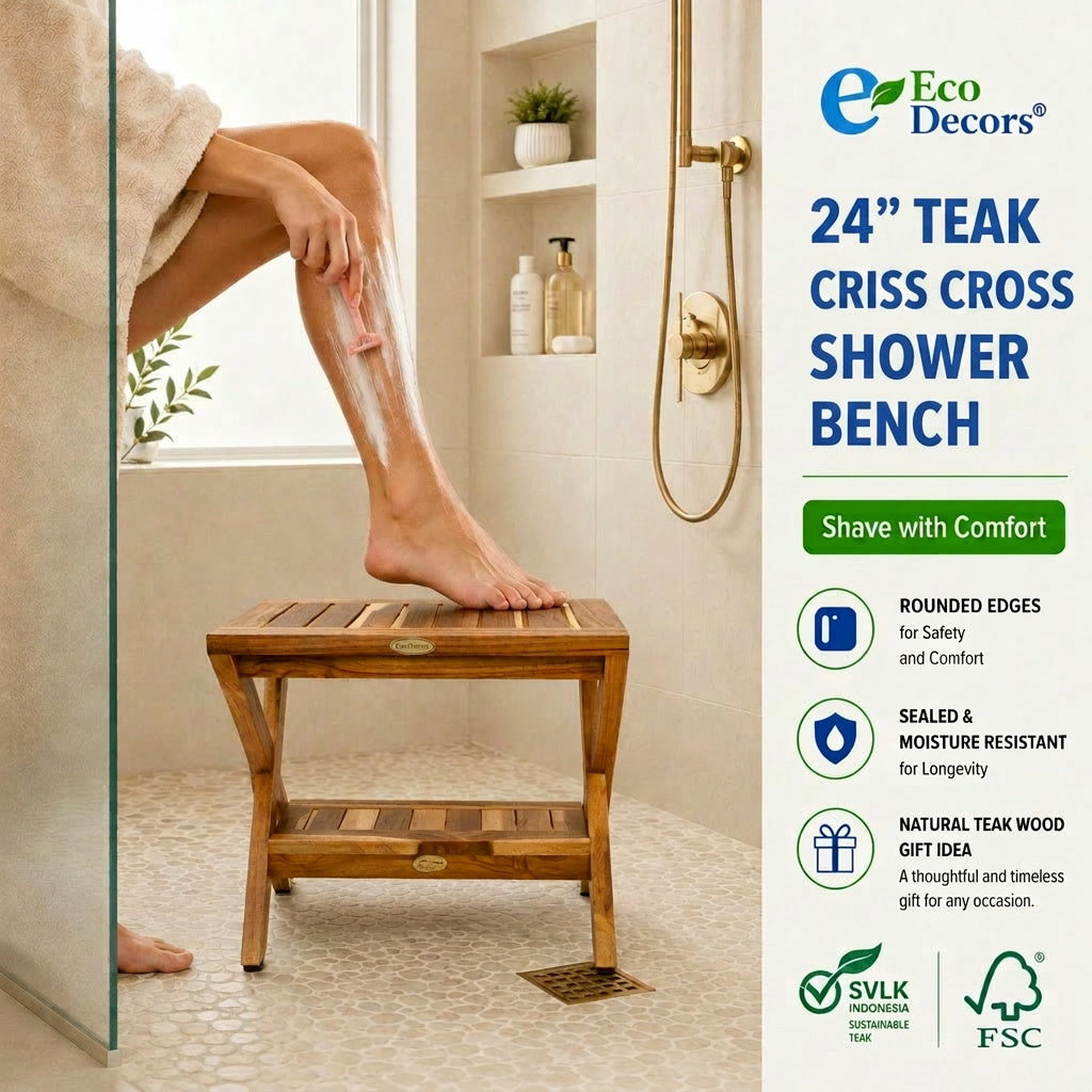EcoDecors 24" Obliquity-X Teak Shower Bench with Shelf – Waterproof Teak Shower Stool, Criss Cross Spa Bench, Bathroom Seat with Storage Shelf, Indoor Outdoor Teak Bench