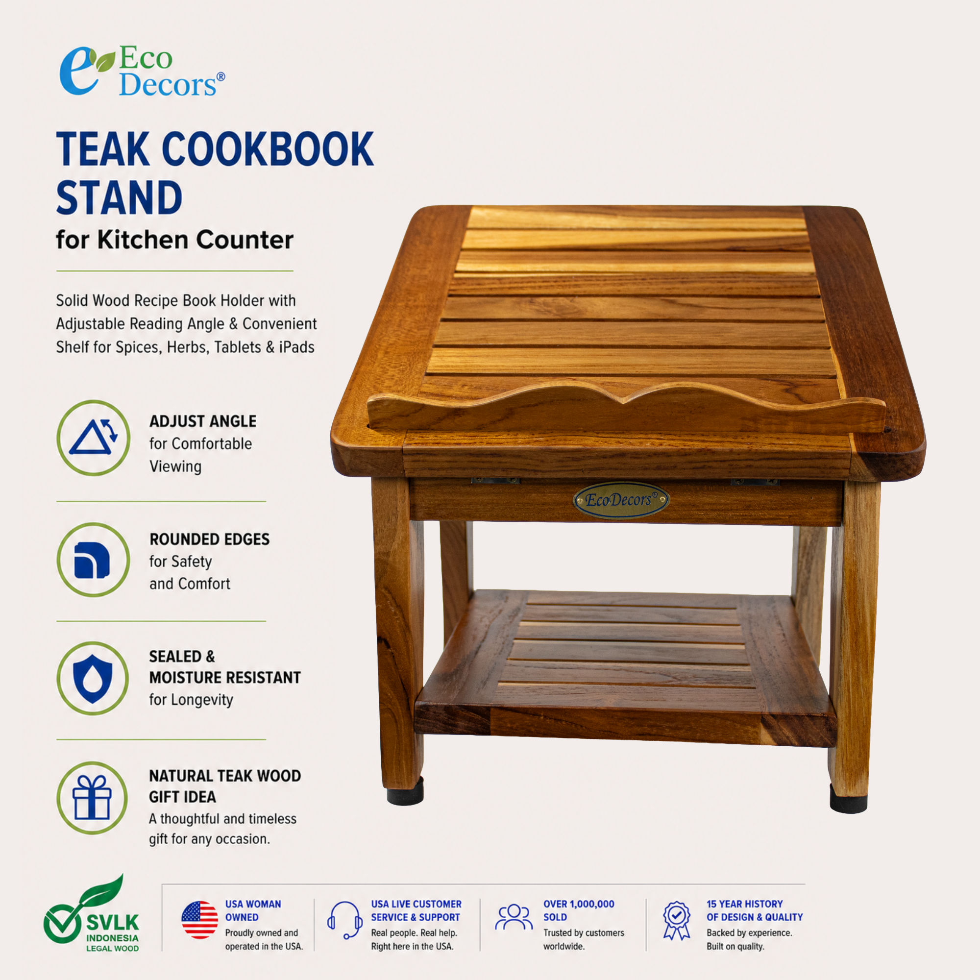 Cookbook Stand for Kitchen Counter – Solid Teak Wood Recipe Book Holder with Adjustable Reading Angle & Storage Shelf, Holder for Books, Tablets & Cell Phones