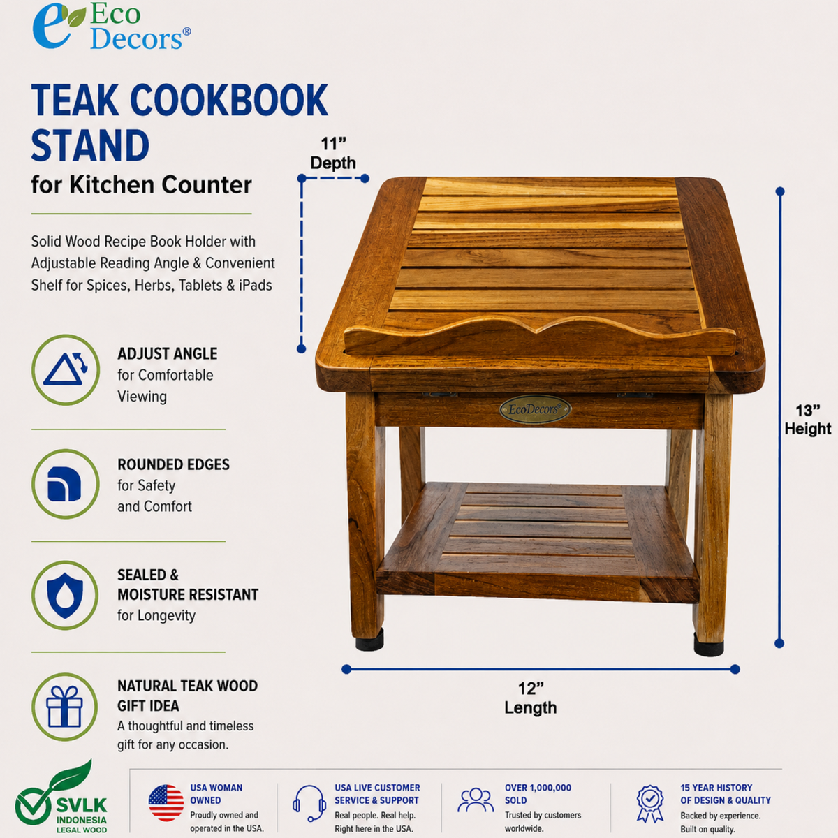 Cookbook Stand for Kitchen Counter – Solid Teak Wood Recipe Book Holder with Adjustable Reading – feature infographic 4