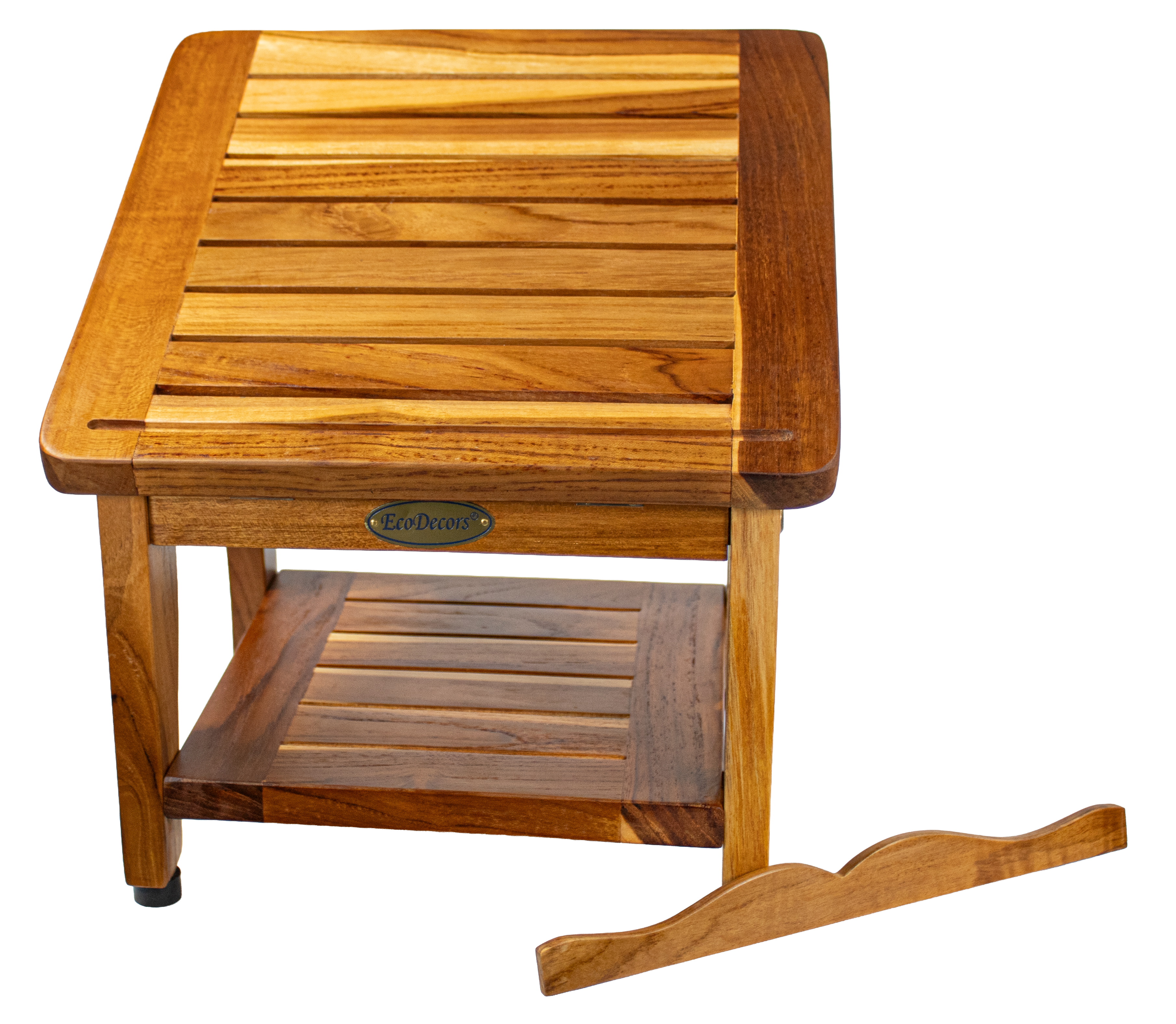 Foot Stool for Under Desk & Living Room – Solid Teak Wood Ottoman Foot Rest Stool with Storage Shelf, Non-Slip Feet & Waterproof Finish for Home, Bathroom & Spa Use