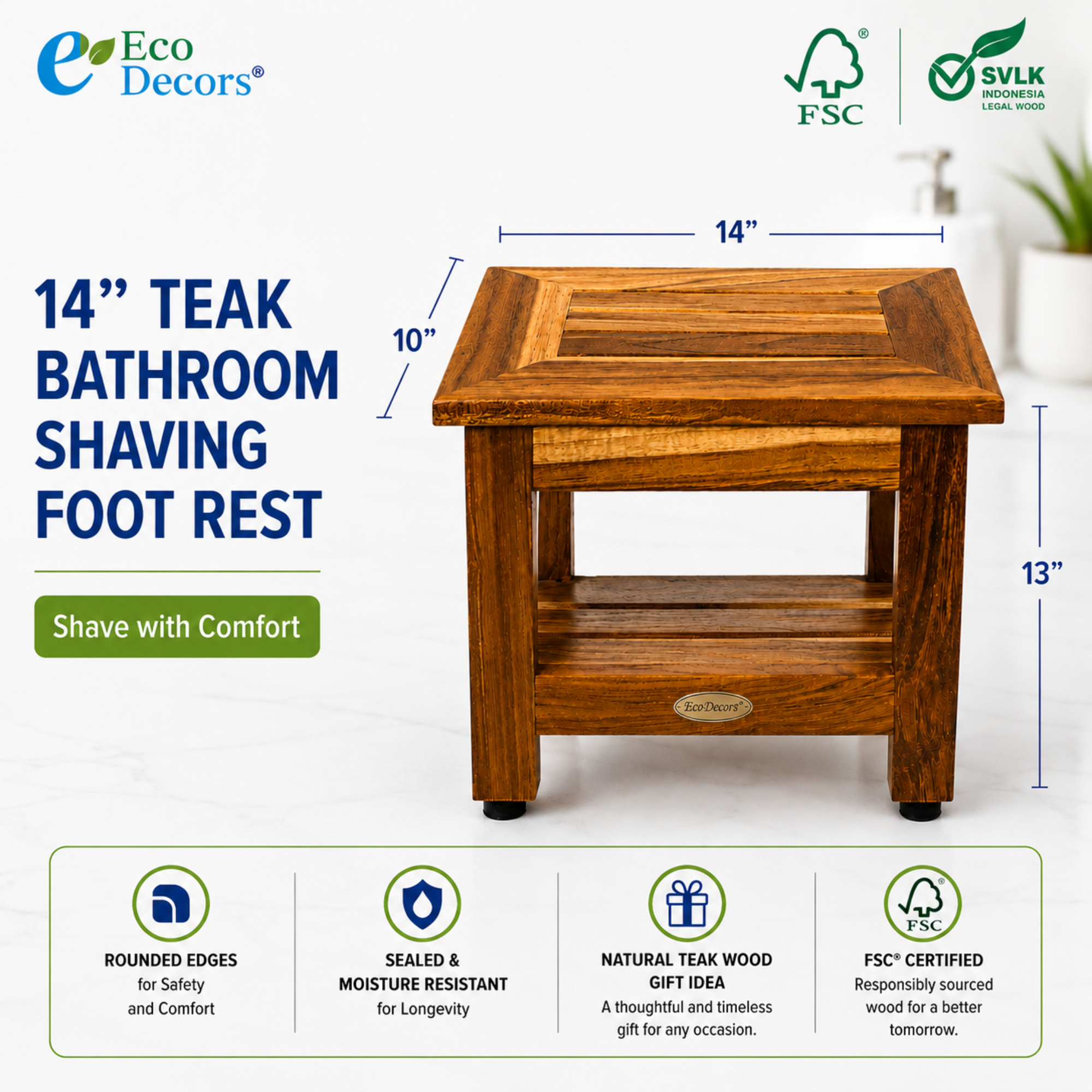 EcoDecors 14" Eleganto Teak Shaving Foot Rest with Shelf – Fully Assembled Waterproof Bathroom Foot Stool for Shaving Legs, Fully Assembled Teak Shower Foot Rest, Spa Bath Stool with Storage Shelf