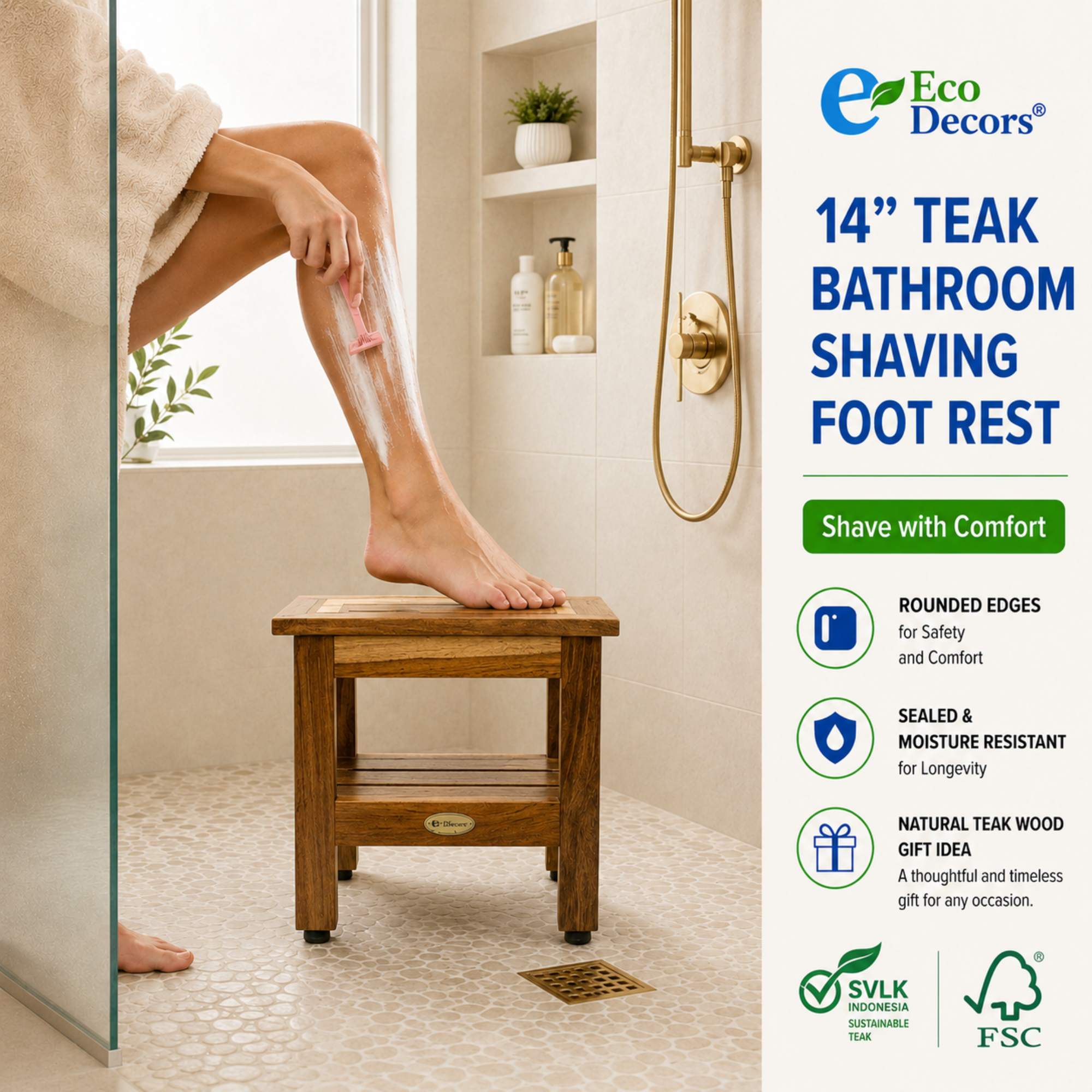 EcoDecors 14" Eleganto Teak Shaving Foot Rest with Shelf – Fully Assembled Waterproof Bathroom Foot Stool for Shaving Legs, Fully Assembled Teak Shower Foot Rest, Spa Bath Stool with Storage Shelf
