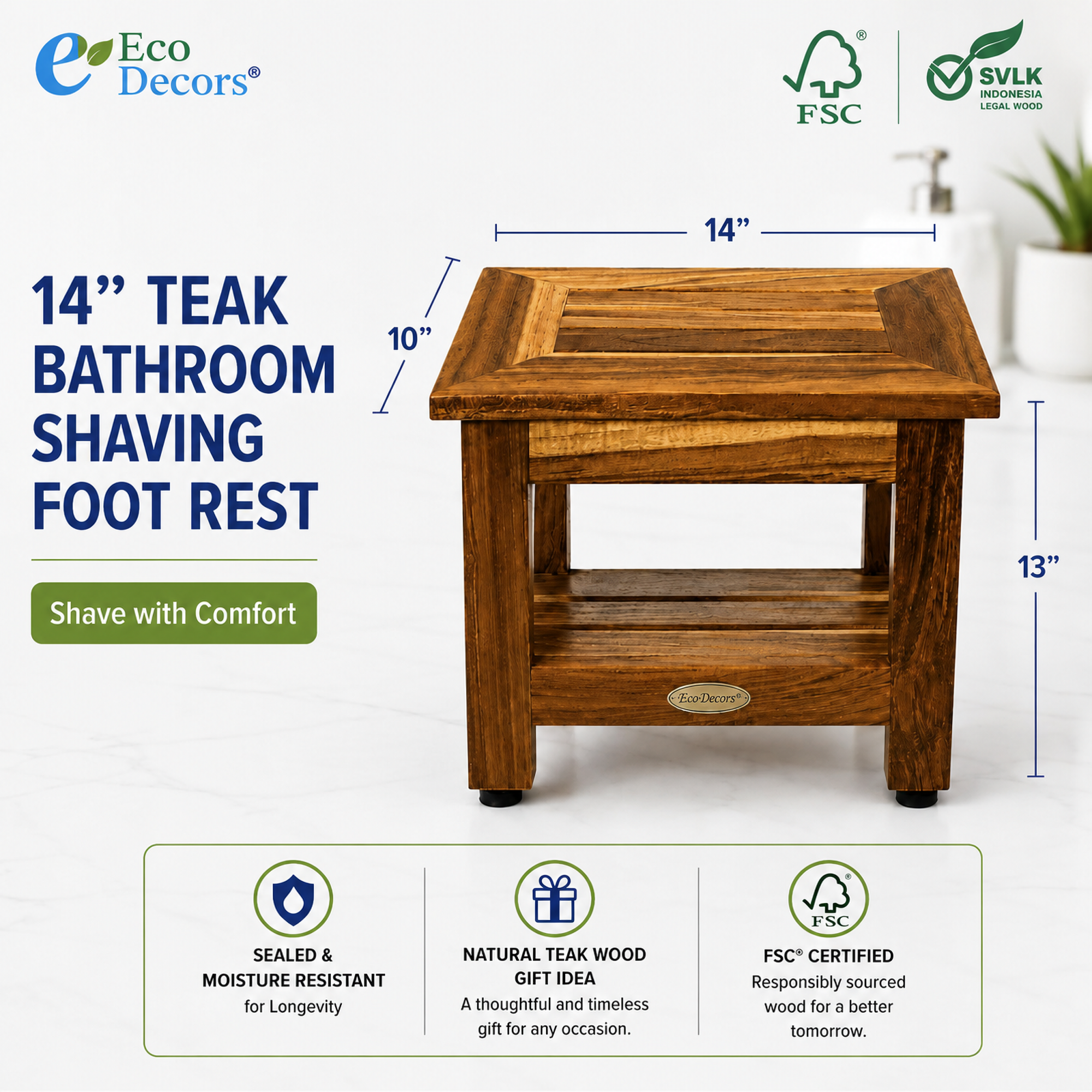 EcoDecors 14" Eleganto Teak Shaving Foot Rest with Shelf – Waterproof Bathroom Foot Stool for Shaving Legs, Fully Assembled Teak Shower Foot Rest, Spa Bath Stool with Storage Shelf