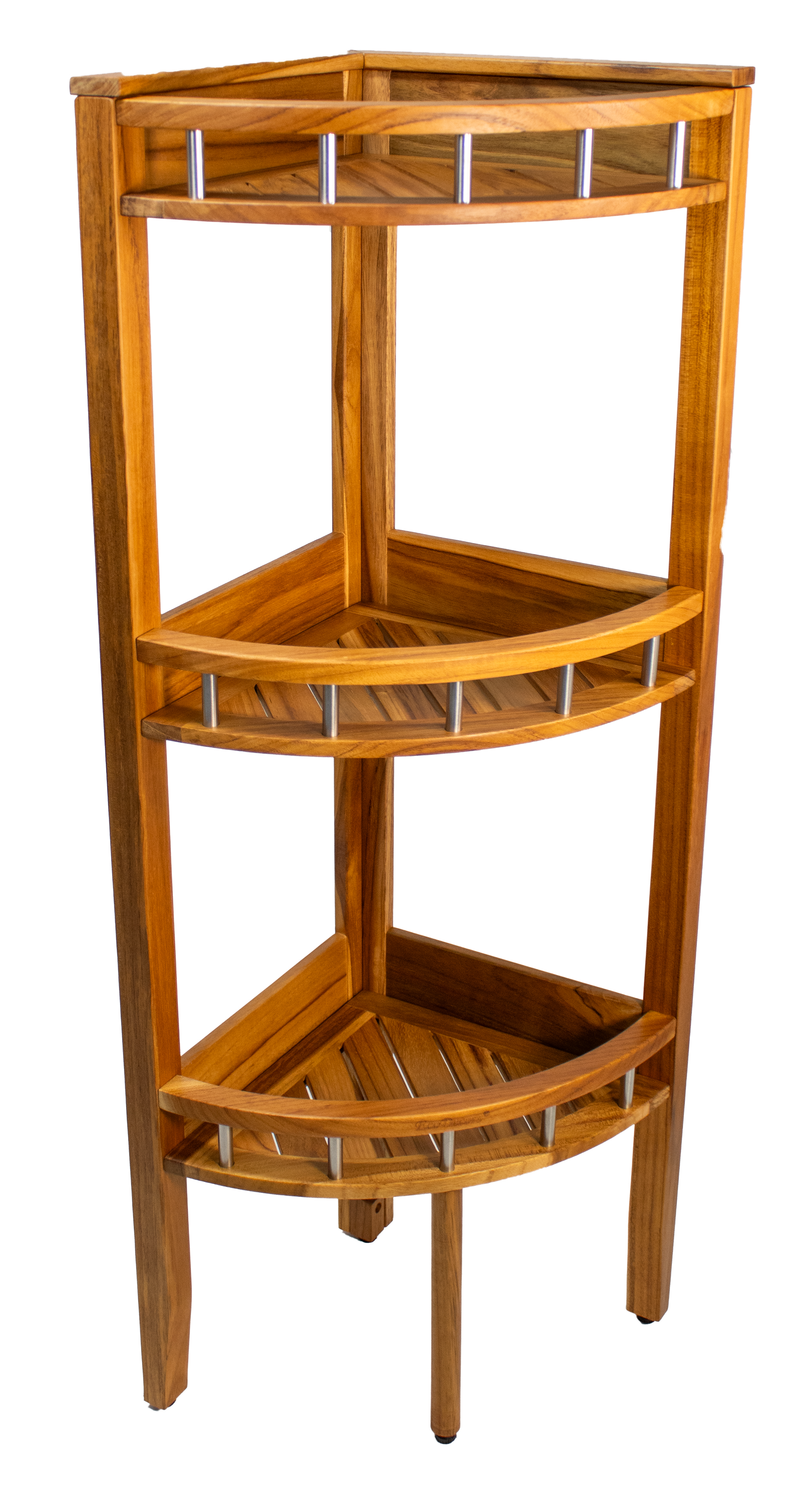EcoDecors 35" Snazzy Corner Teak Shower Shelf – 3 Tier Waterproof Corner Shower Organizer, Solid Teak Bathroom Storage Shelf with Stainless Steel Accents, Spa Shower Corner Stand